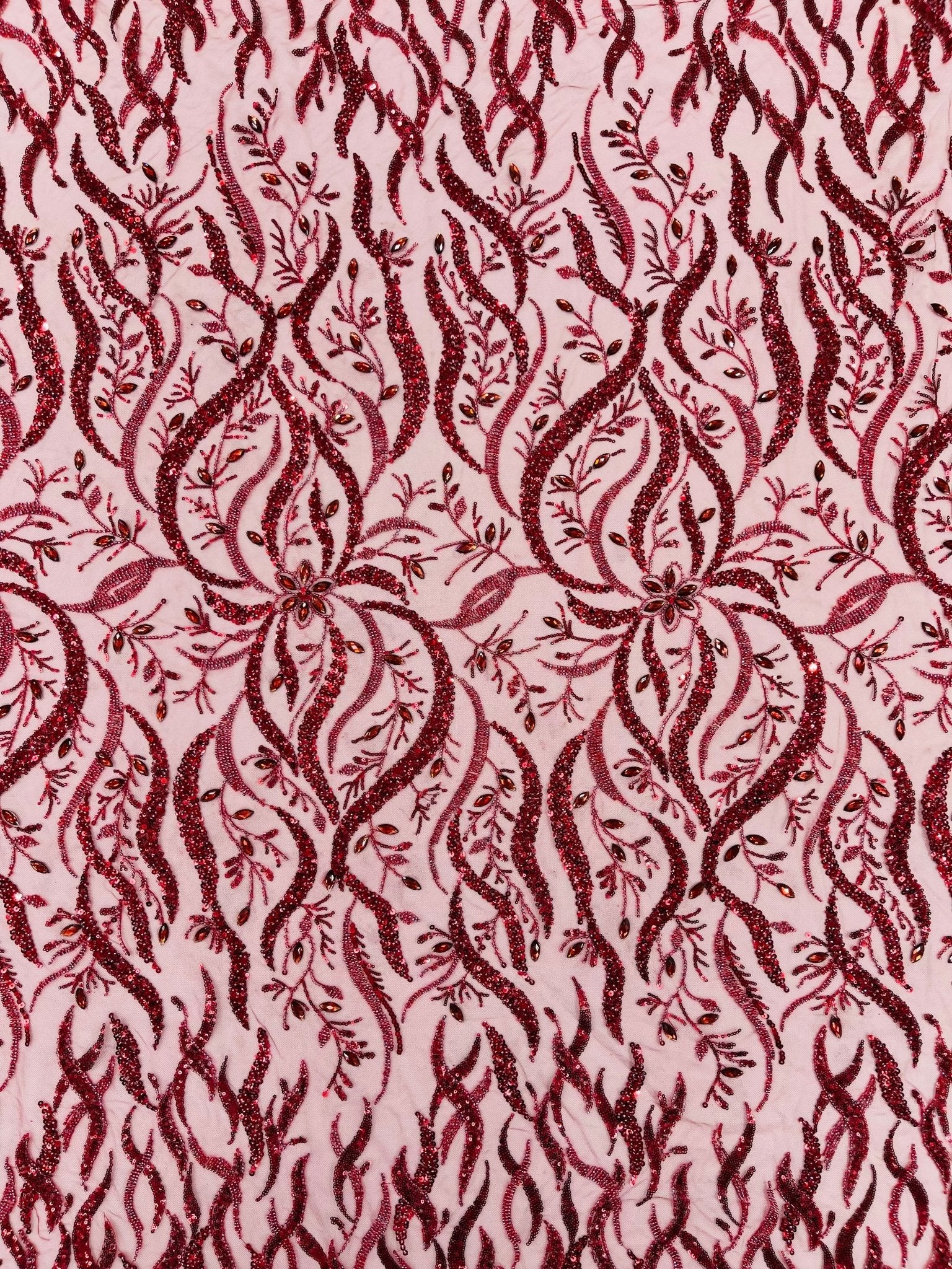 JEWEL VINE BEADED LACE ON MESH FABRIC (By The Yard) - New Creations Fabric & Foam Inc