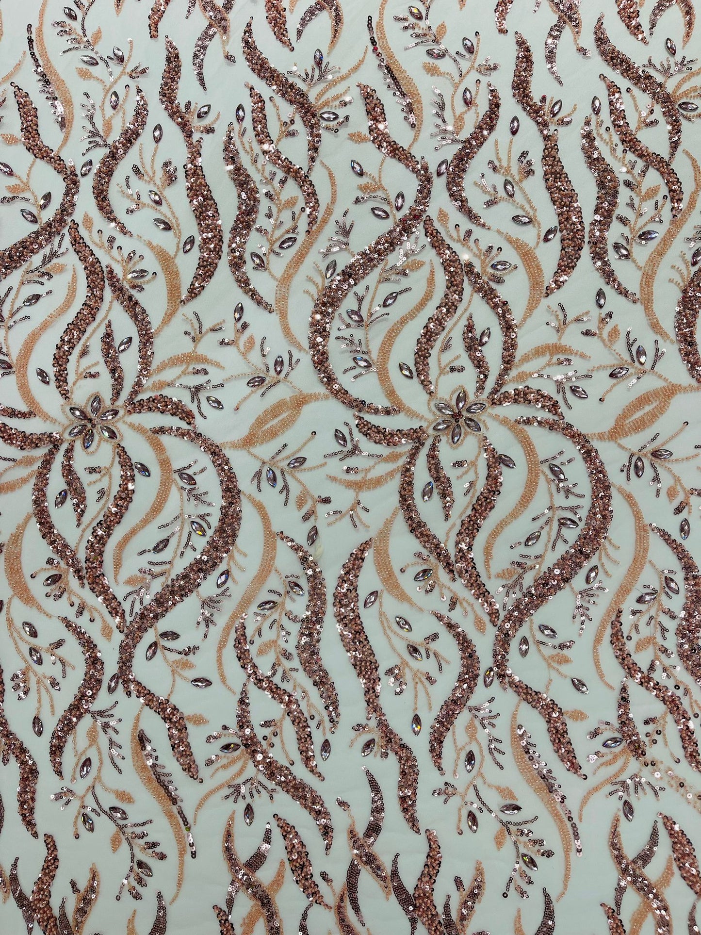 JEWEL VINE BEADED LACE ON MESH FABRIC (By The Yard) - New Creations Fabric & Foam Inc