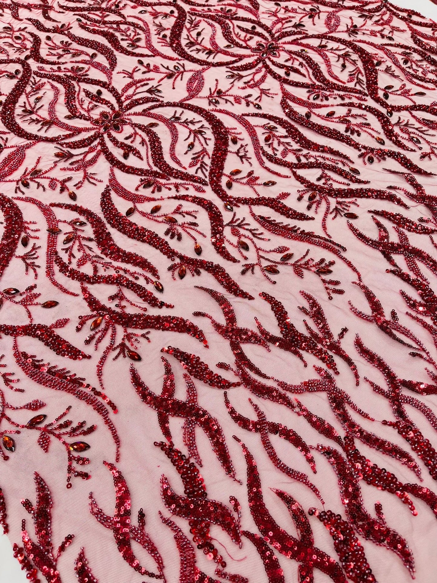 JEWEL VINE BEADED LACE ON MESH FABRIC (By The Yard) - New Creations Fabric & Foam Inc