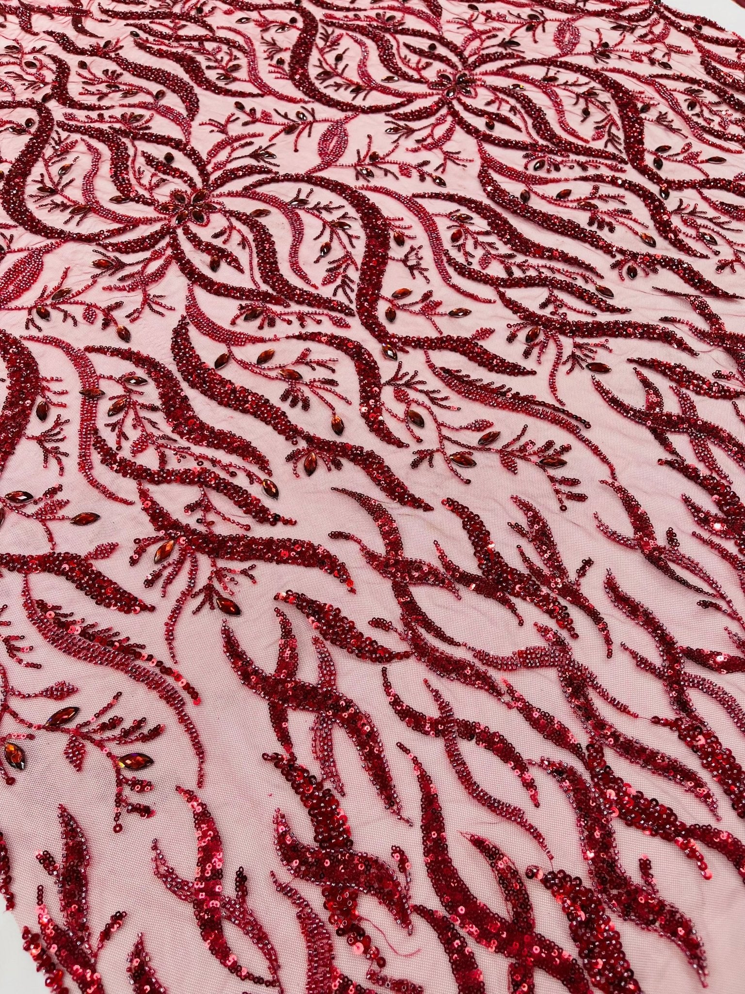 JEWEL VINE BEADED LACE ON MESH FABRIC (By The Yard) - New Creations Fabric & Foam Inc