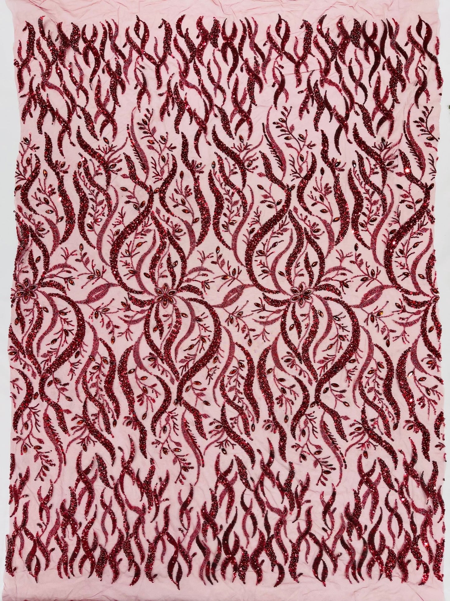 JEWEL VINE BEADED LACE ON MESH FABRIC (By The Yard) - New Creations Fabric & Foam Inc