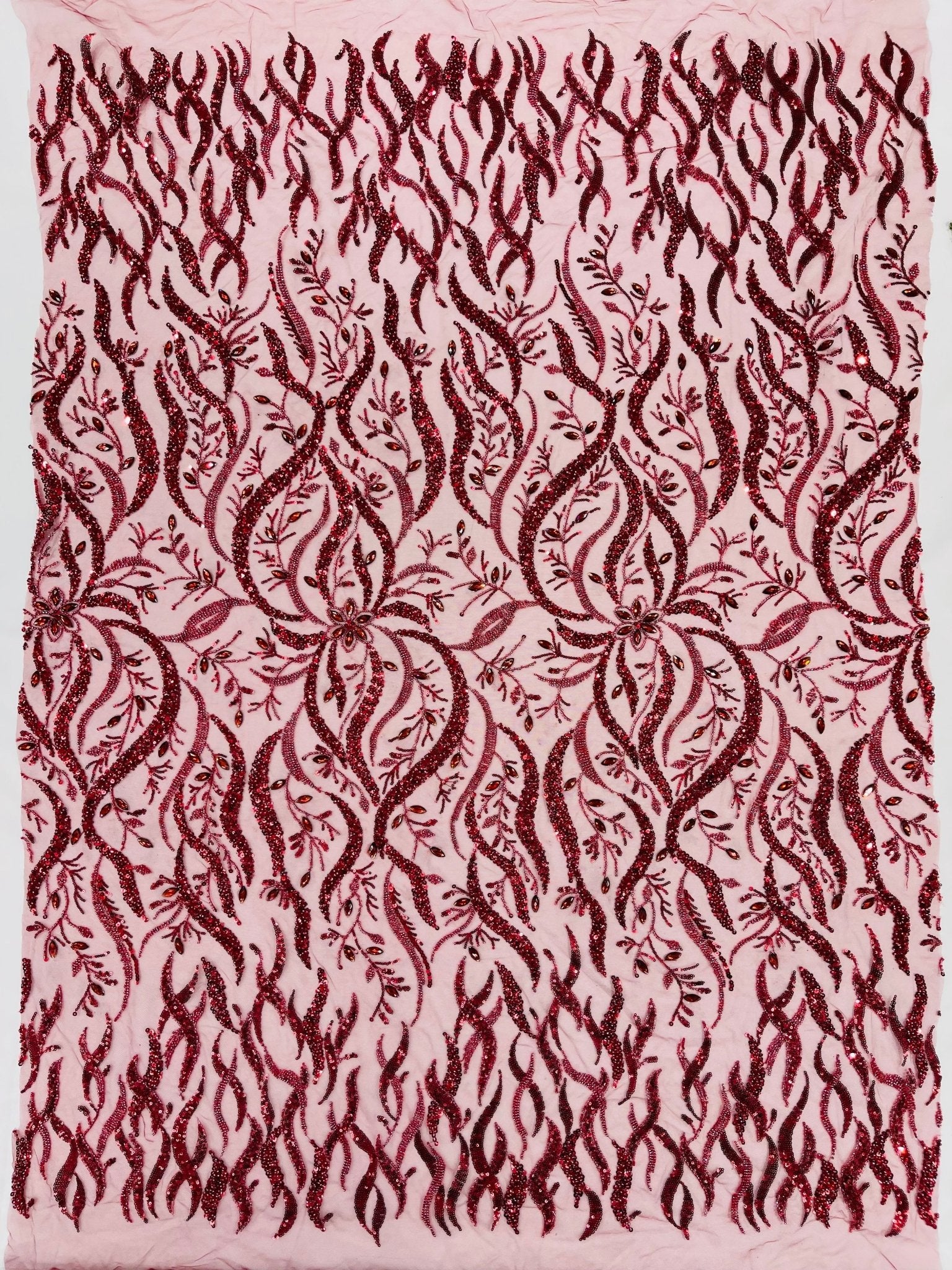 JEWEL VINE BEADED LACE ON MESH FABRIC (By The Yard) - New Creations Fabric & Foam Inc