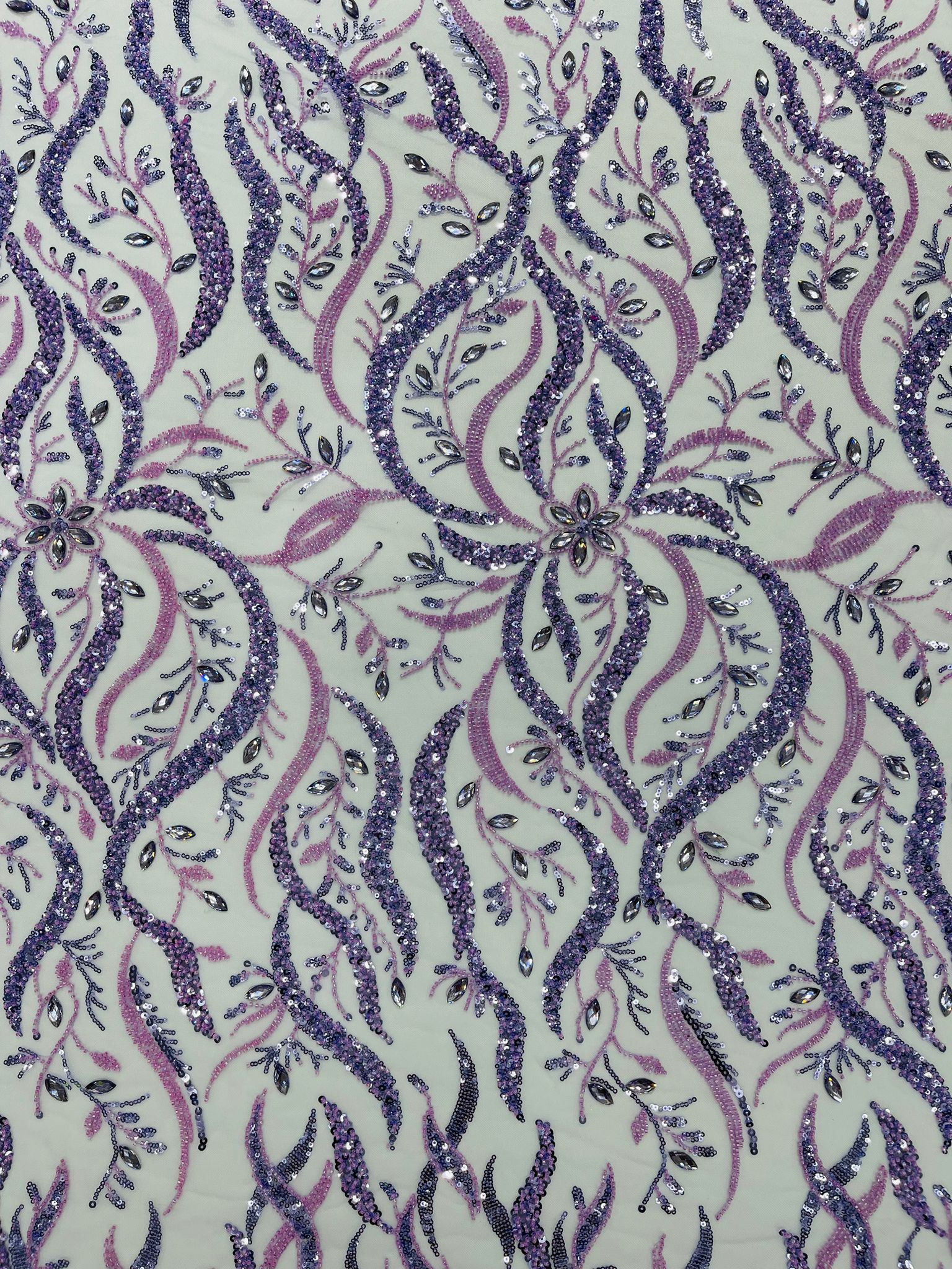 JEWEL VINE BEADED LACE ON MESH FABRIC (By The Yard) - New Creations Fabric & Foam Inc