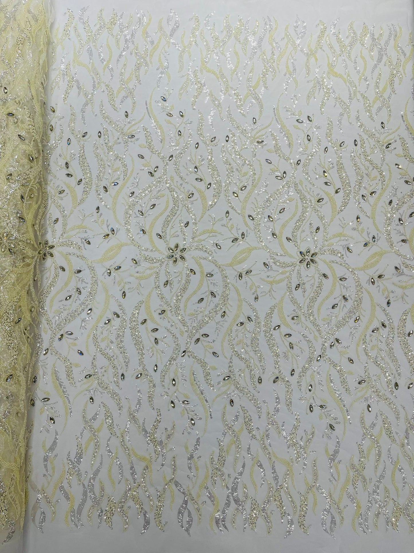 JEWEL VINE BEADED LACE ON MESH FABRIC (By The Yard) - New Creations Fabric & Foam Inc