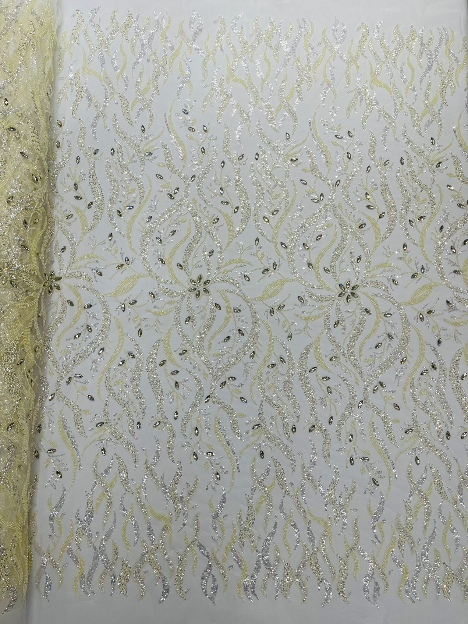 JEWEL VINE BEADED LACE ON MESH FABRIC (By The Yard) - New Creations Fabric & Foam Inc