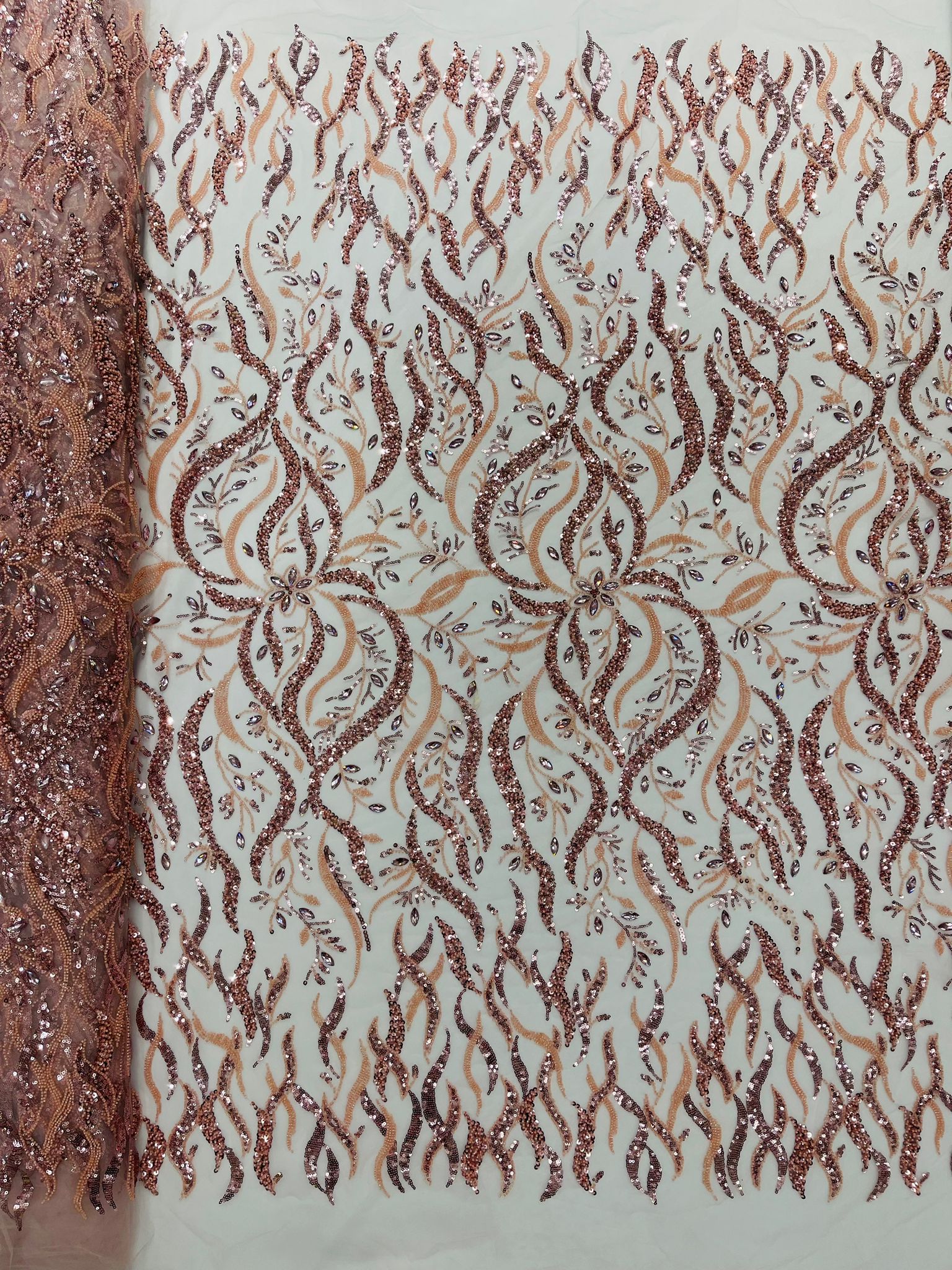 JEWEL VINE BEADED LACE ON MESH FABRIC (By The Yard) - New Creations Fabric & Foam Inc