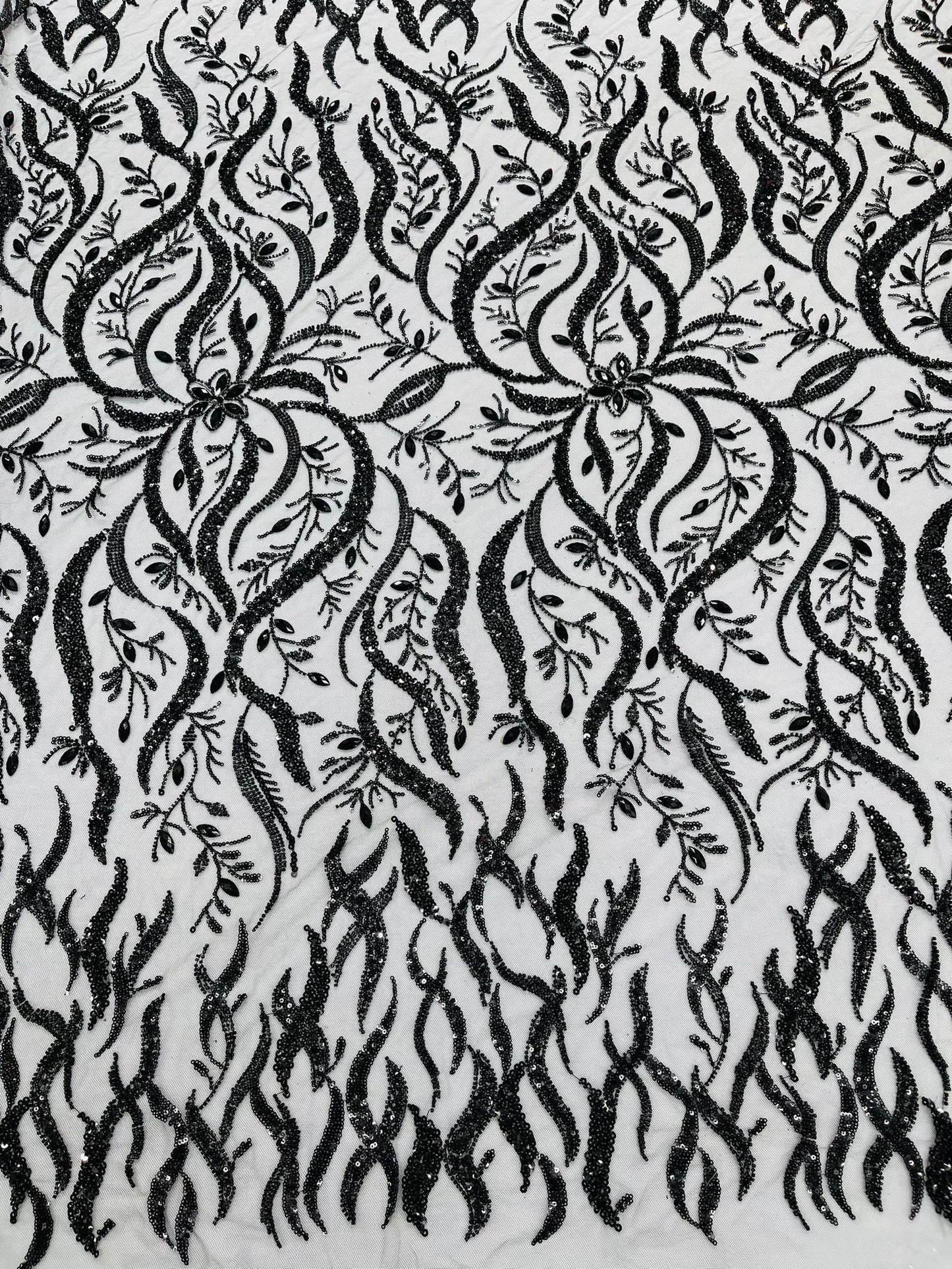 JEWEL VINE BEADED LACE ON MESH FABRIC (By The Yard) - New Creations Fabric & Foam Inc