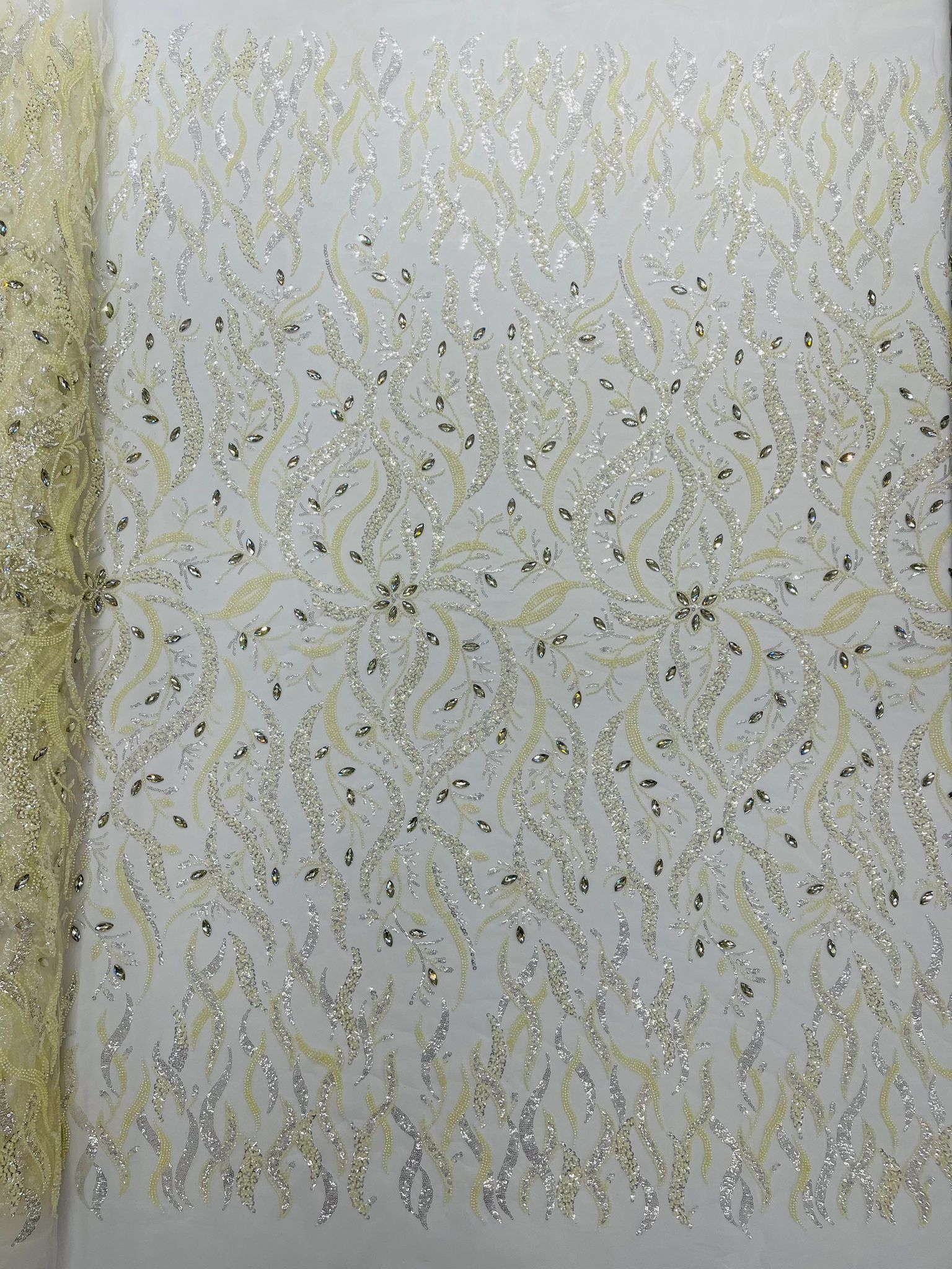 JEWEL VINE BEADED LACE ON MESH FABRIC (By The Yard) - New Creations Fabric & Foam Inc