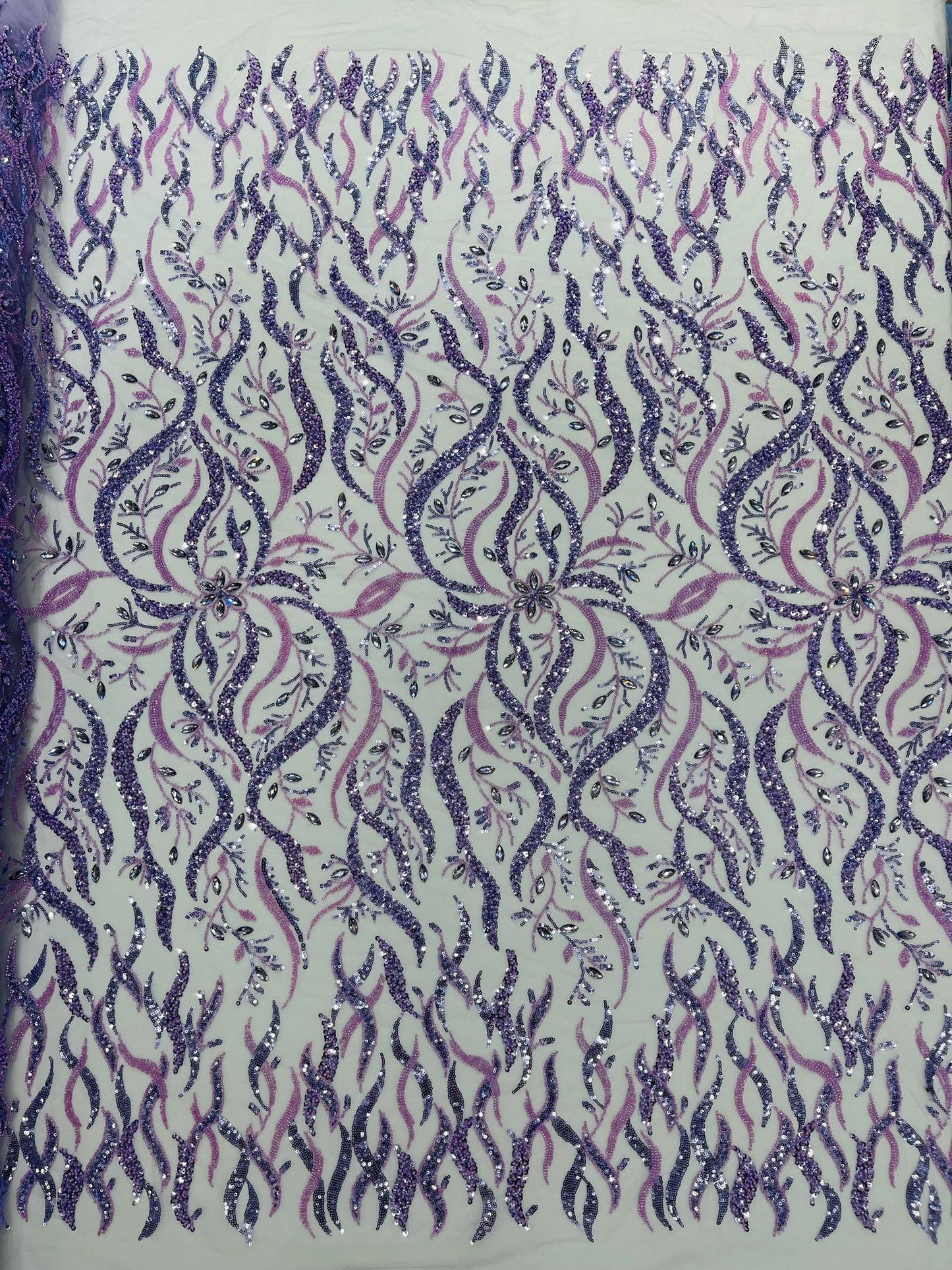 JEWEL VINE BEADED LACE ON MESH FABRIC (By The Yard) - New Creations Fabric & Foam Inc