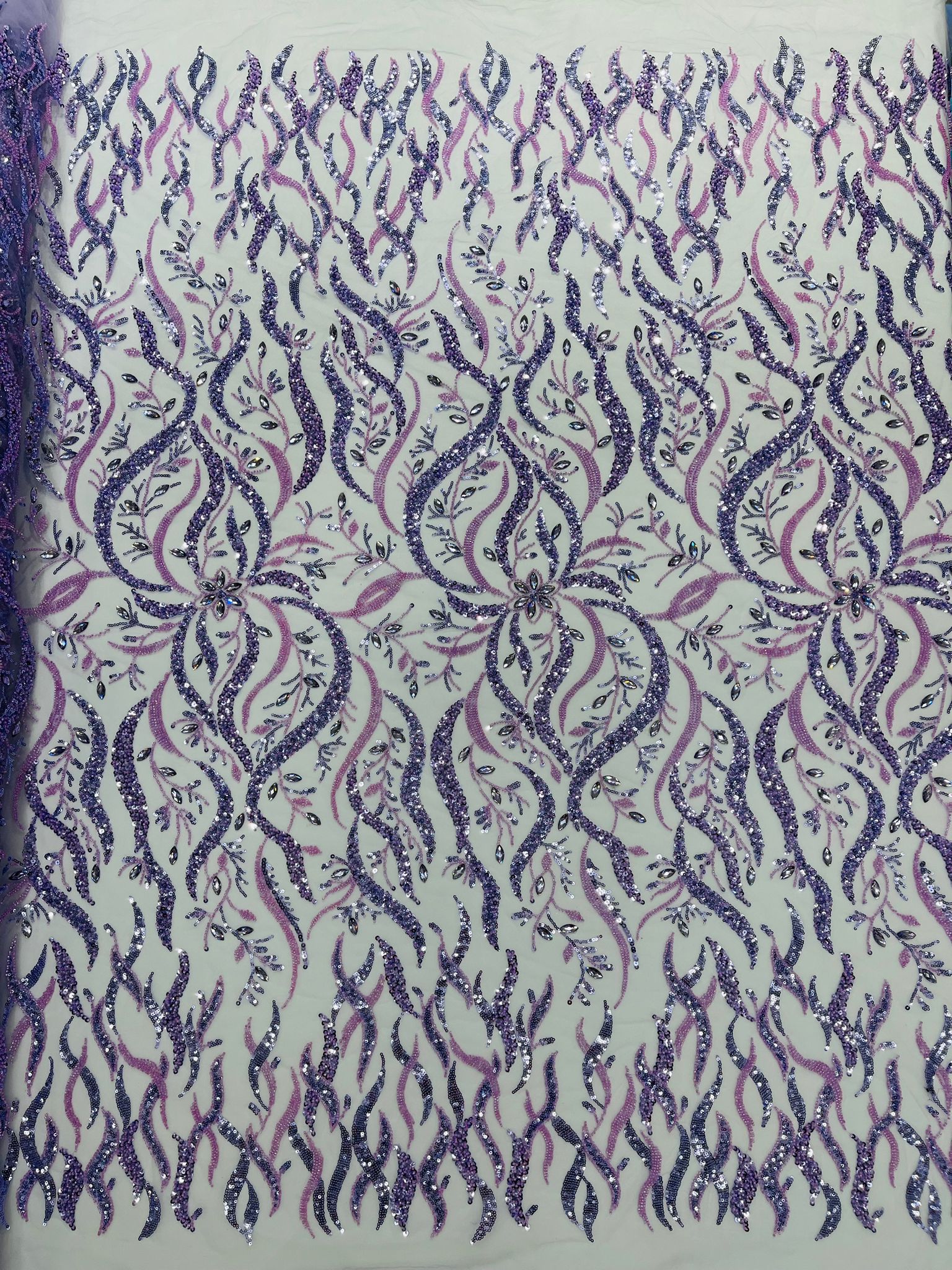 JEWEL VINE BEADED LACE ON MESH FABRIC (By The Yard) - New Creations Fabric & Foam Inc