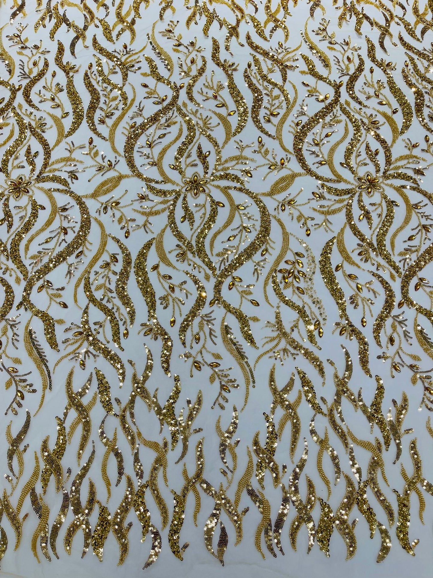 JEWEL VINE BEADED LACE ON MESH FABRIC (By The Yard) - New Creations Fabric & Foam Inc