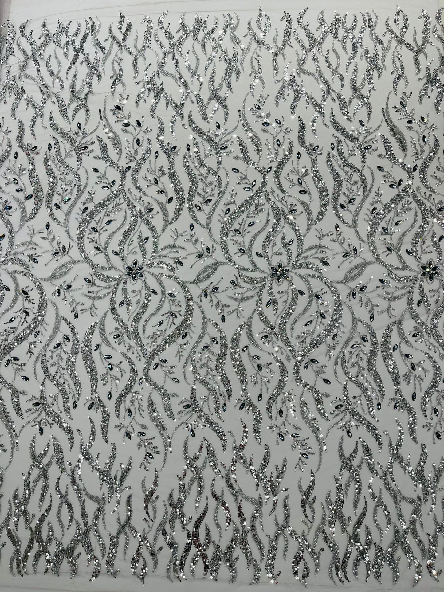 JEWEL VINE BEADED LACE ON MESH FABRIC (By The Yard) - New Creations Fabric & Foam Inc