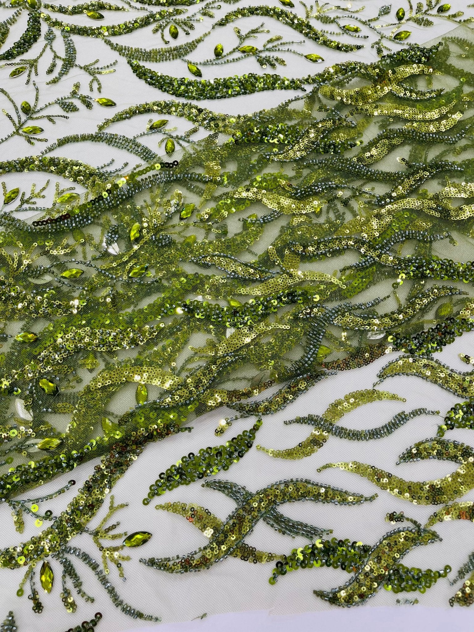 JEWEL VINE BEADED LACE ON MESH FABRIC (By The Yard) - New Creations Fabric & Foam Inc