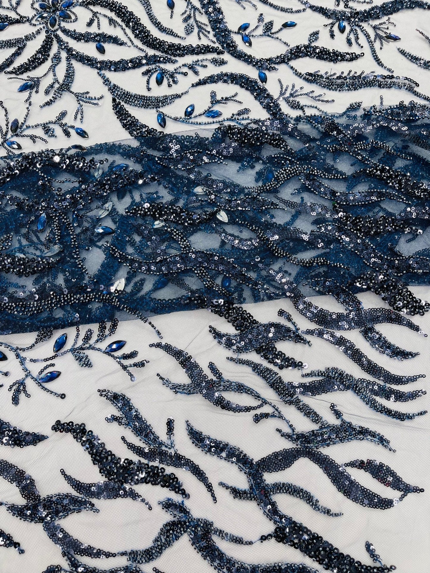 JEWEL VINE BEADED LACE ON MESH FABRIC (By The Yard) - New Creations Fabric & Foam Inc