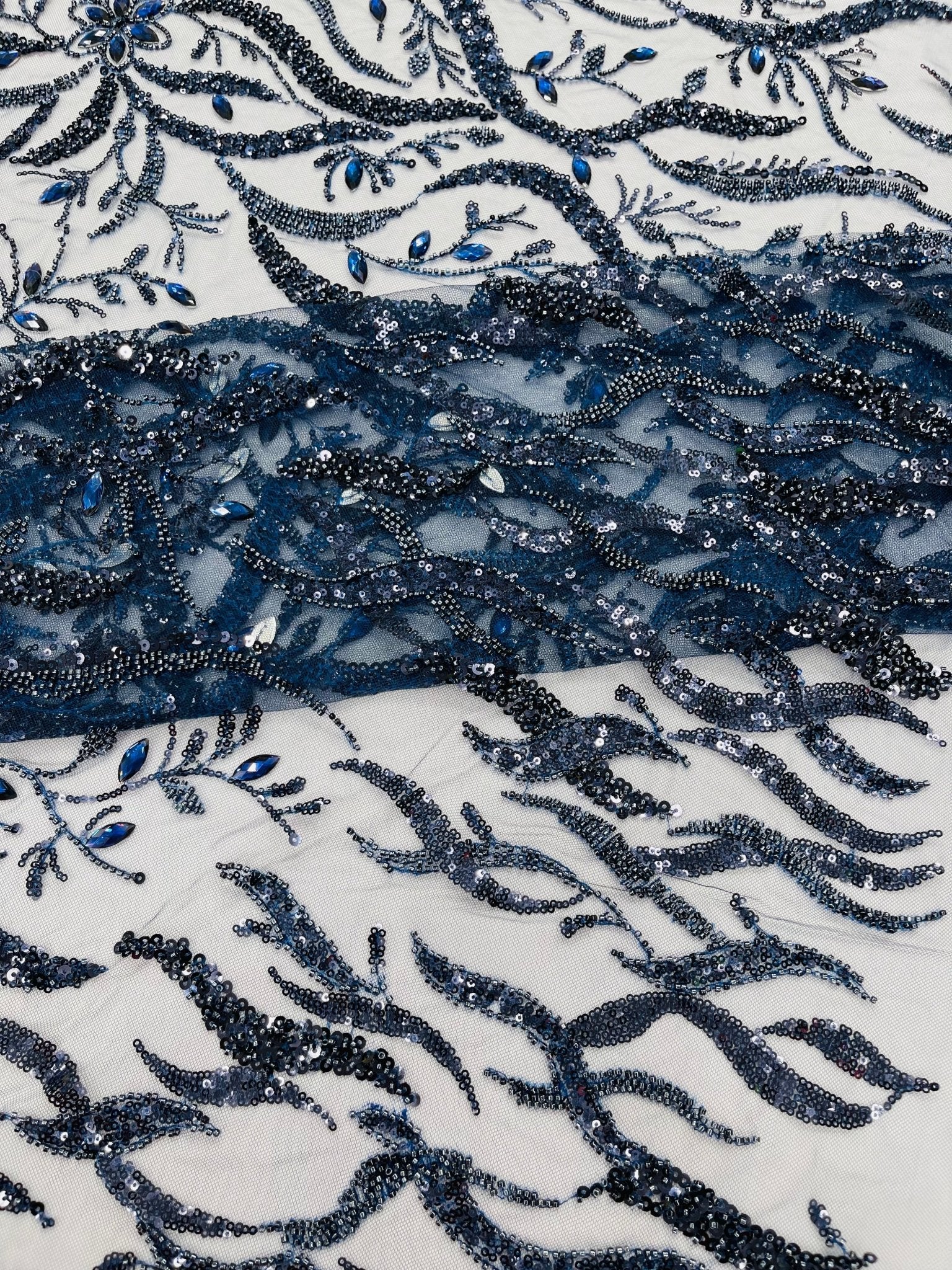 JEWEL VINE BEADED LACE ON MESH FABRIC (By The Yard) - New Creations Fabric & Foam Inc