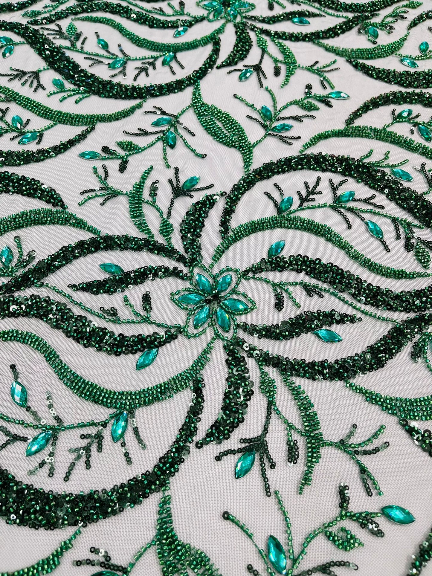 JEWEL VINE BEADED LACE ON MESH FABRIC (By The Yard) - New Creations Fabric & Foam Inc