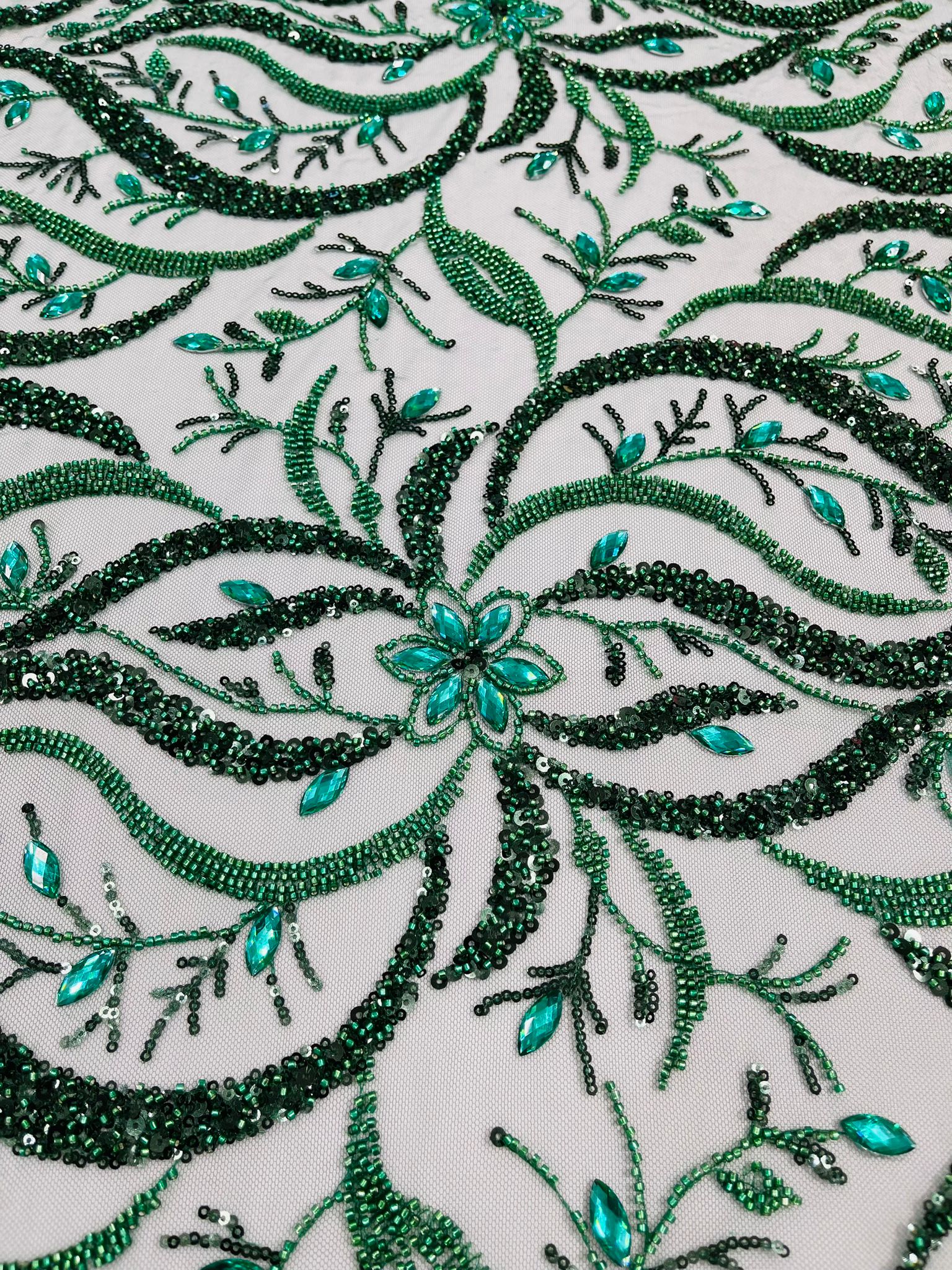 JEWEL VINE BEADED LACE ON MESH FABRIC (By The Yard) - New Creations Fabric & Foam Inc