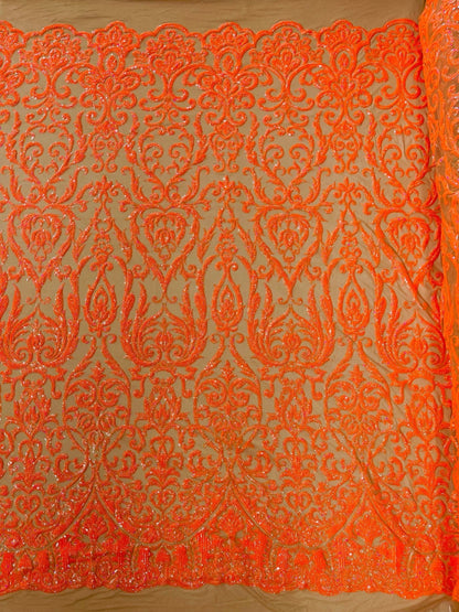 King Damask Sequin Stretch Mesh Fabric by the Yard 54” Wide – Iridescent Floral Sequin Fabric for Prom Dresses, Bridal Gowns & Luxury Fashion - New Creations Fabric & Foam Inc