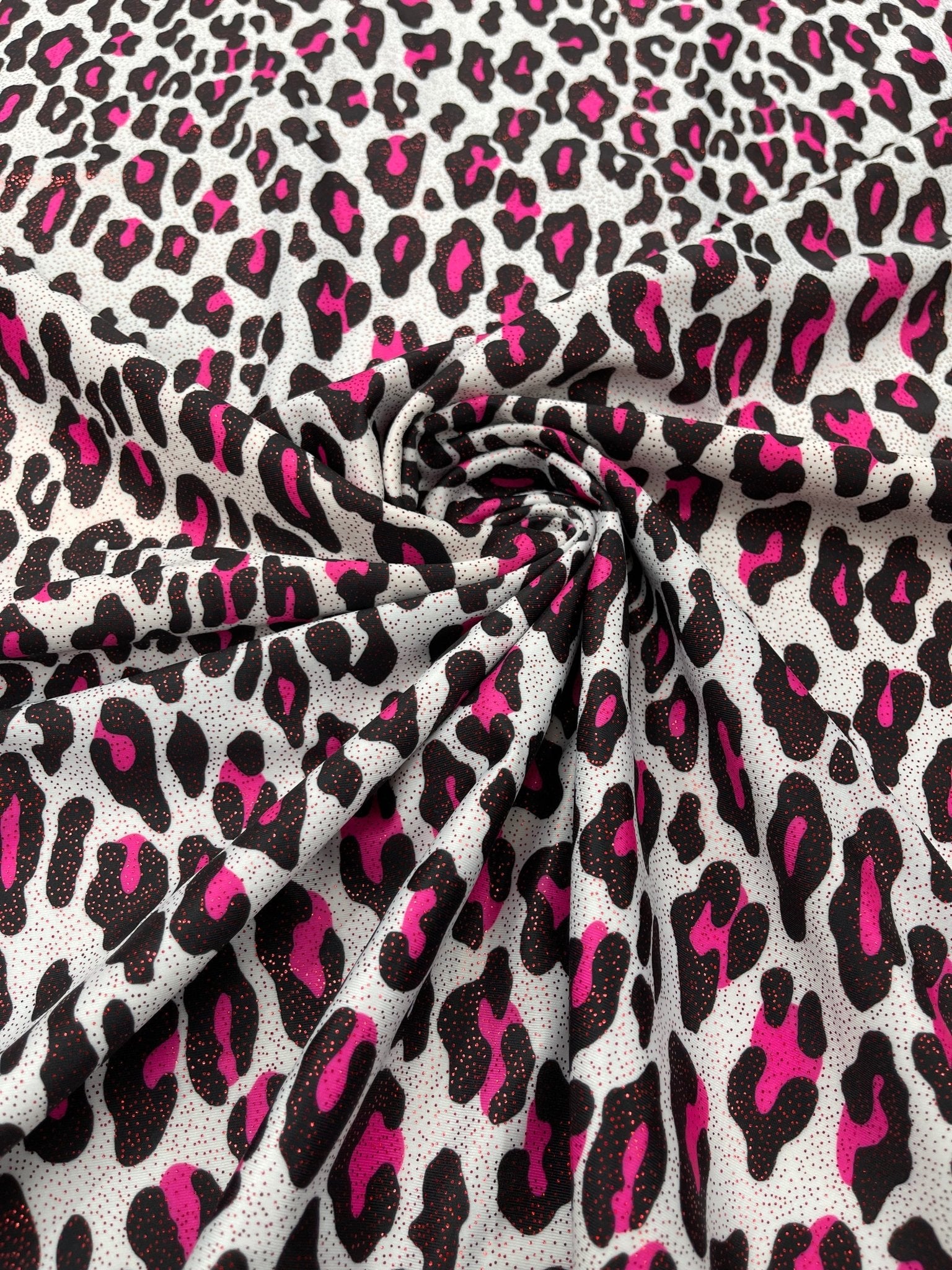Leopard print with foil stretch spandex fabric | New Creation Fabric & Foam - New Creations Fabric & Foam Inc