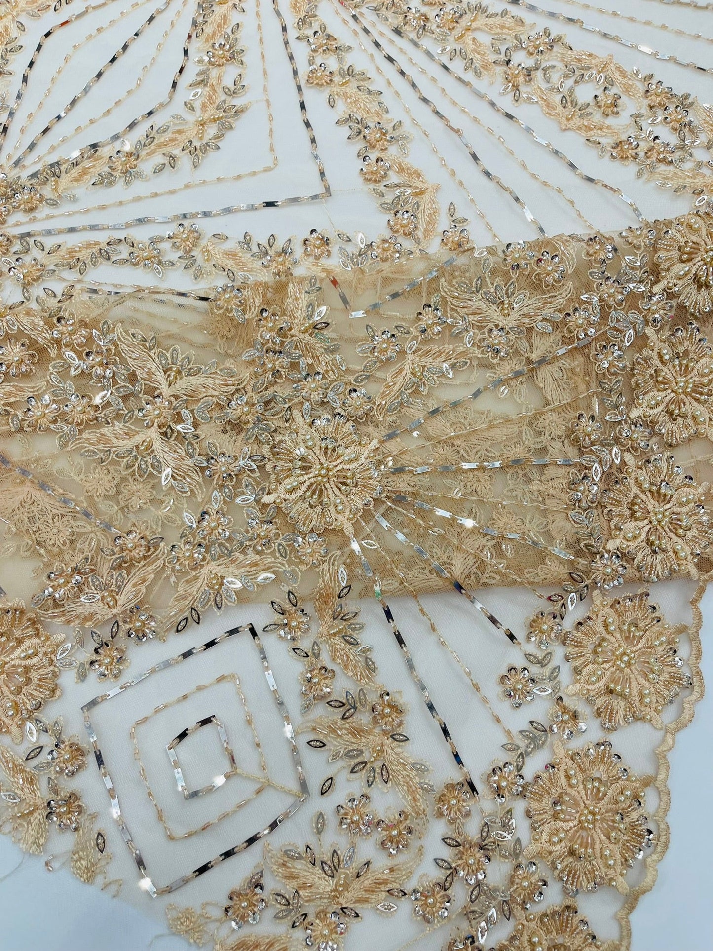 Luxury Bridal Fabric with Geometric Beading on a mesh 54” Wide| New Creations Fabric & Foam Inc. - New Creations Fabric & Foam Inc