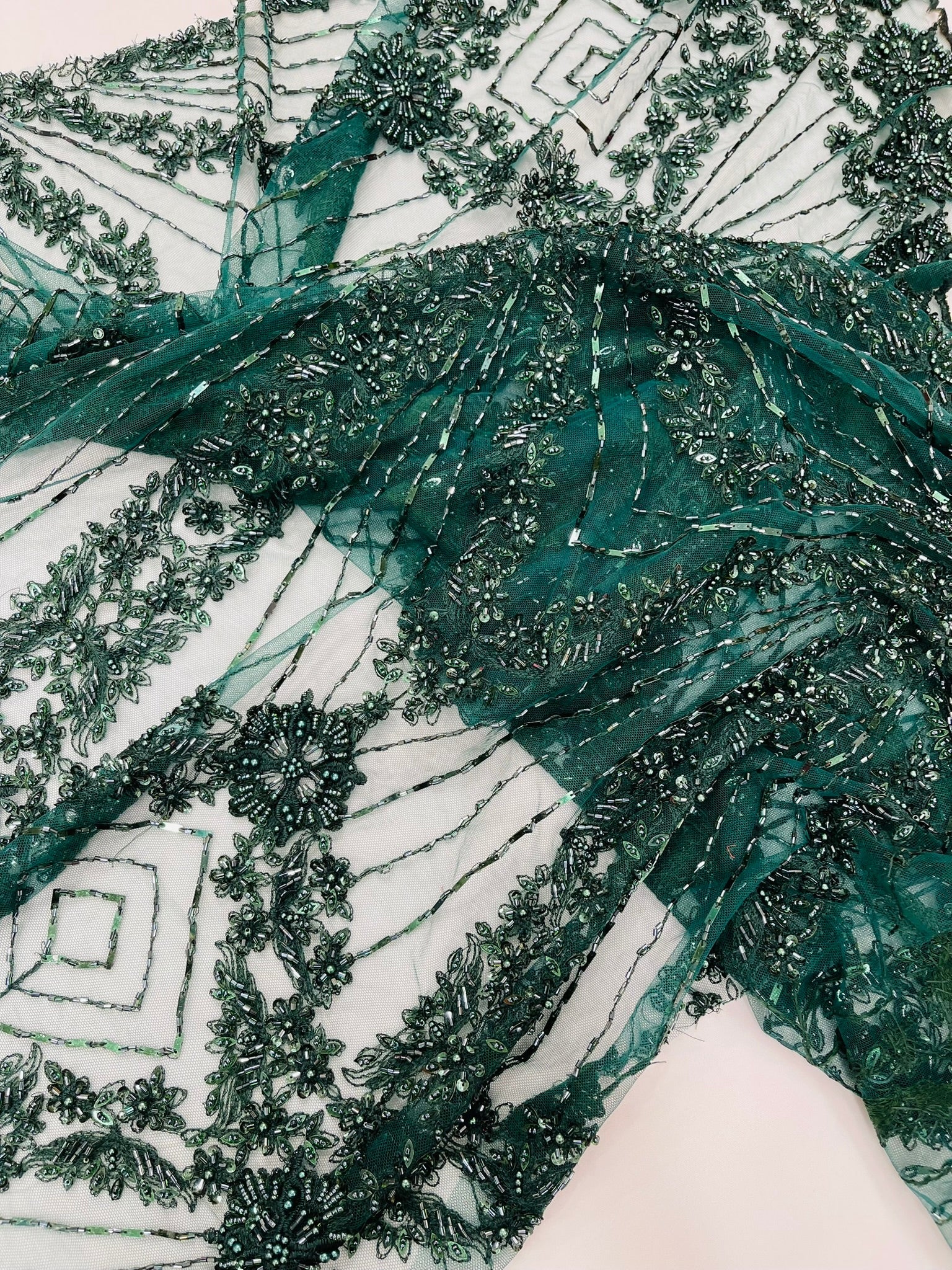 Luxury Bridal Fabric with Geometric Beading on a mesh 54” Wide| New Creations Fabric & Foam Inc. - New Creations Fabric & Foam Inc