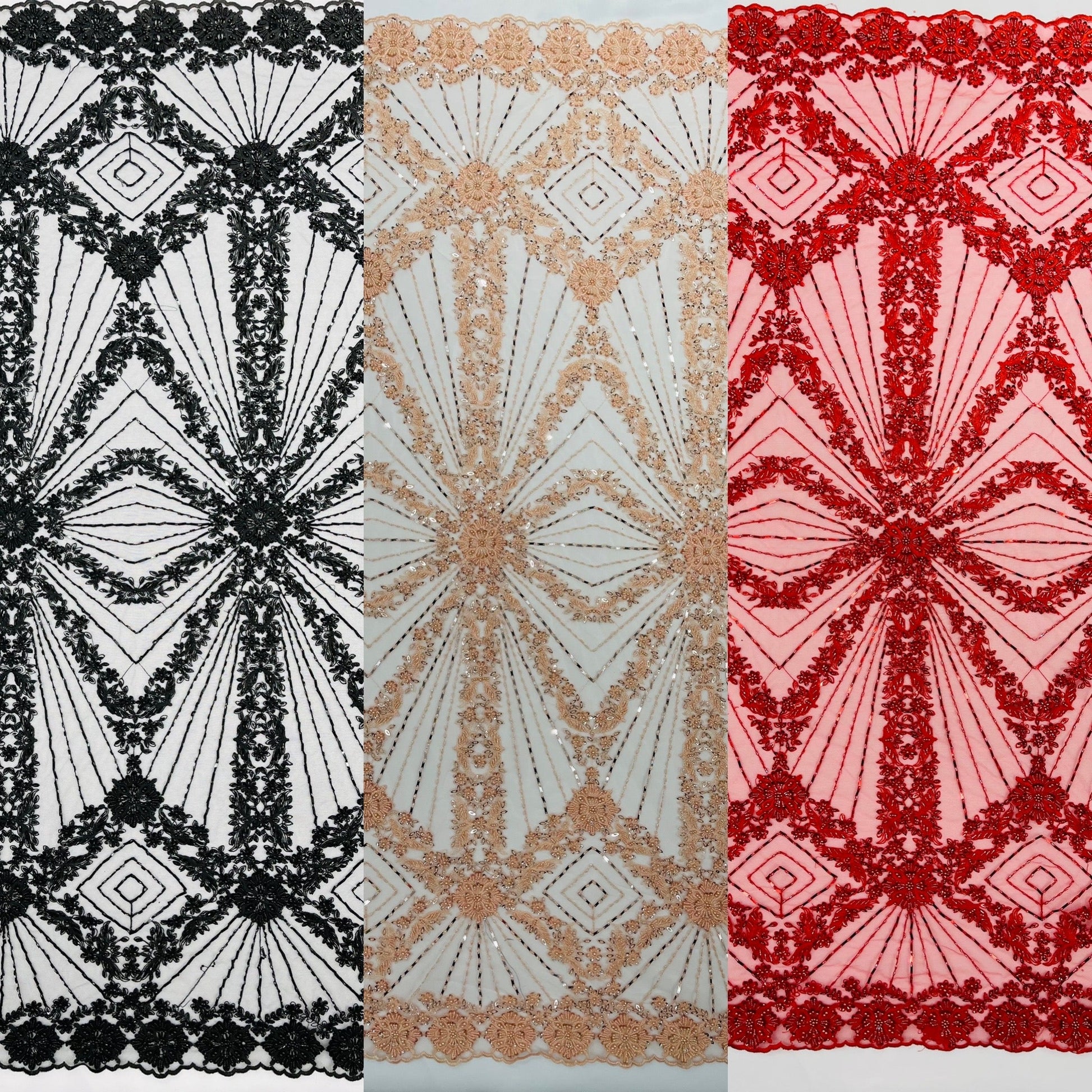 Luxury Bridal Fabric with Geometric Beading on a mesh 54” Wide| New Creations Fabric & Foam Inc. - New Creations Fabric & Foam Inc