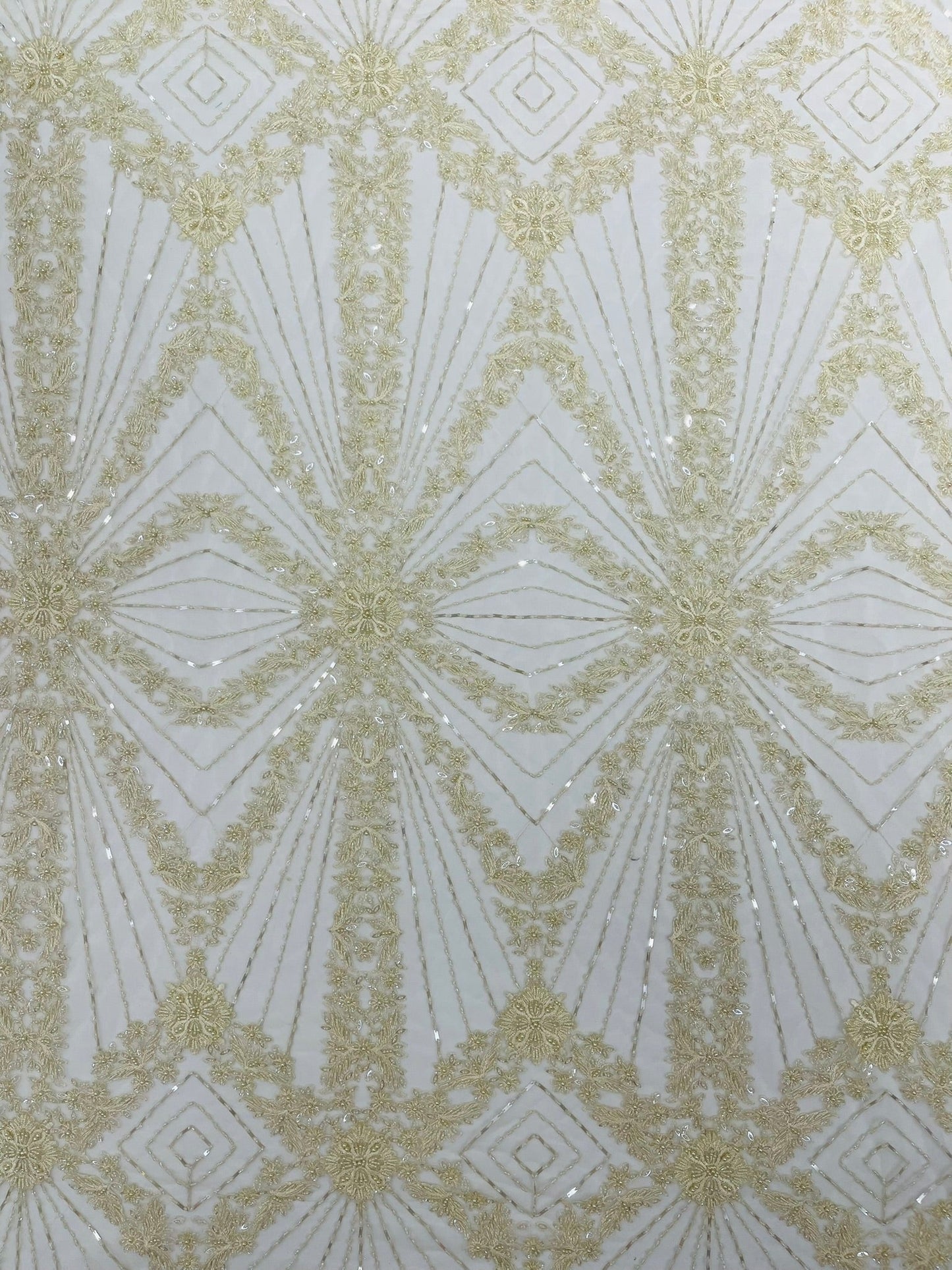 Luxury Bridal Fabric with Geometric Beading on a mesh 54” Wide| New Creations Fabric & Foam Inc. - New Creations Fabric & Foam Inc