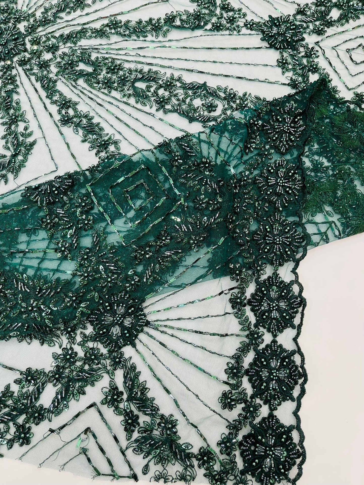 Luxury Bridal Fabric with Geometric Beading on a mesh 54” Wide| New Creations Fabric & Foam Inc. - New Creations Fabric & Foam Inc