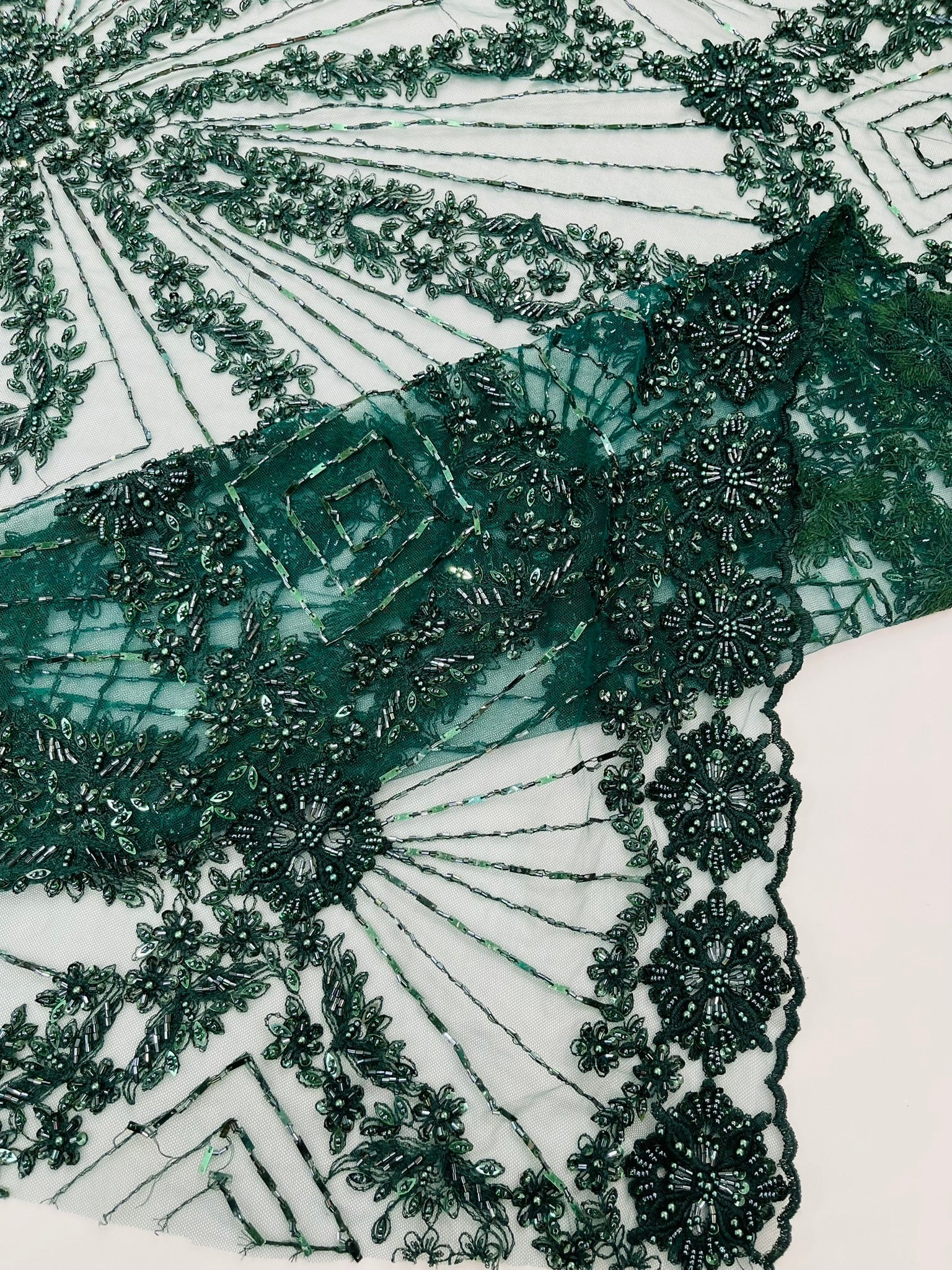 Luxury Bridal Fabric with Geometric Beading on a mesh 54” Wide| New Creations Fabric & Foam Inc. - New Creations Fabric & Foam Inc