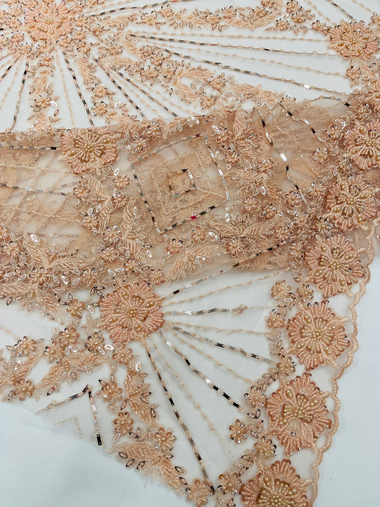 Luxury Bridal Fabric with Geometric Beading on a mesh 54” Wide| New Creations Fabric & Foam Inc. - New Creations Fabric & Foam Inc