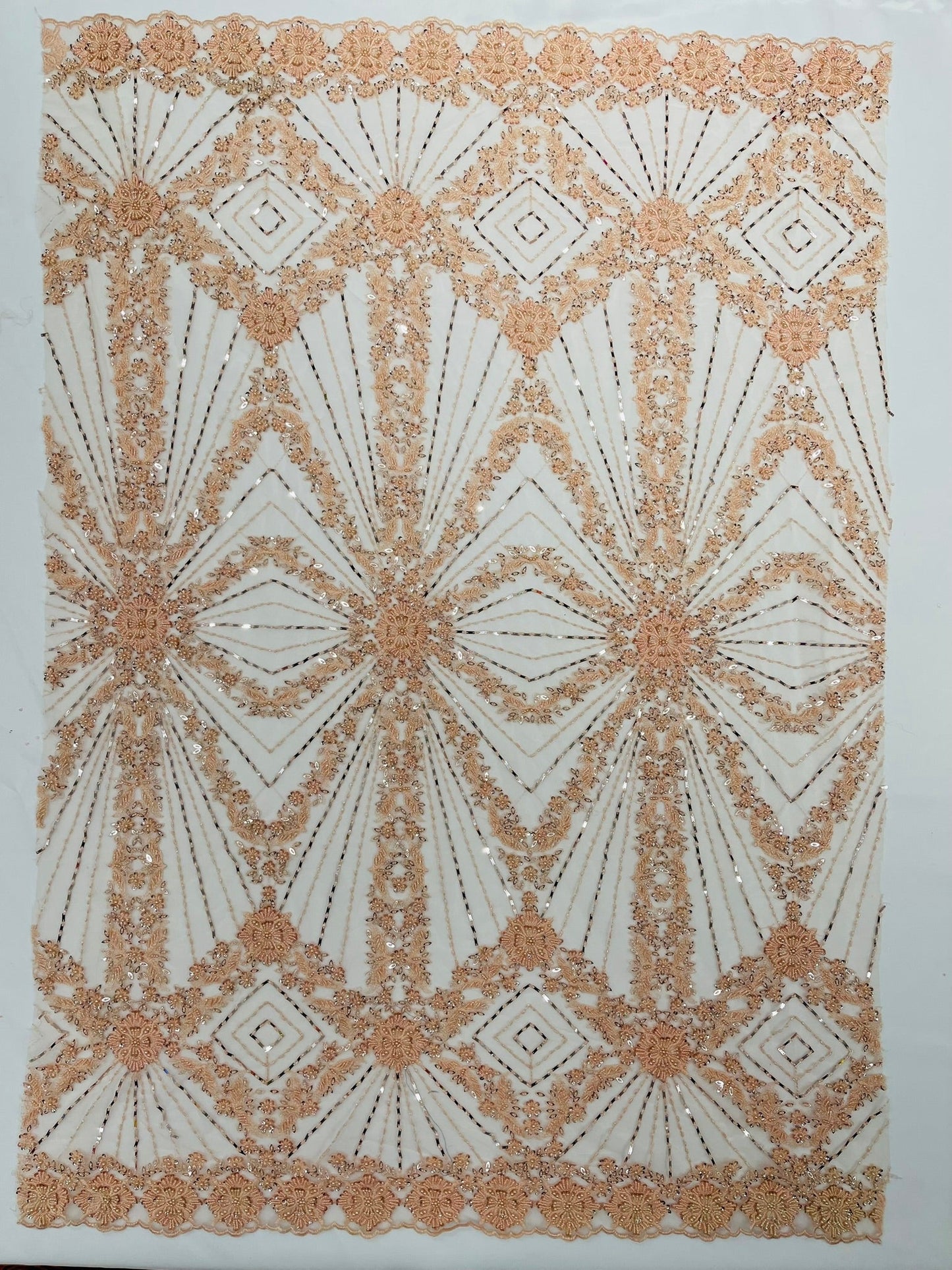 Luxury Bridal Fabric with Geometric Beading on a mesh 54” Wide| New Creations Fabric & Foam Inc. - New Creations Fabric & Foam Inc