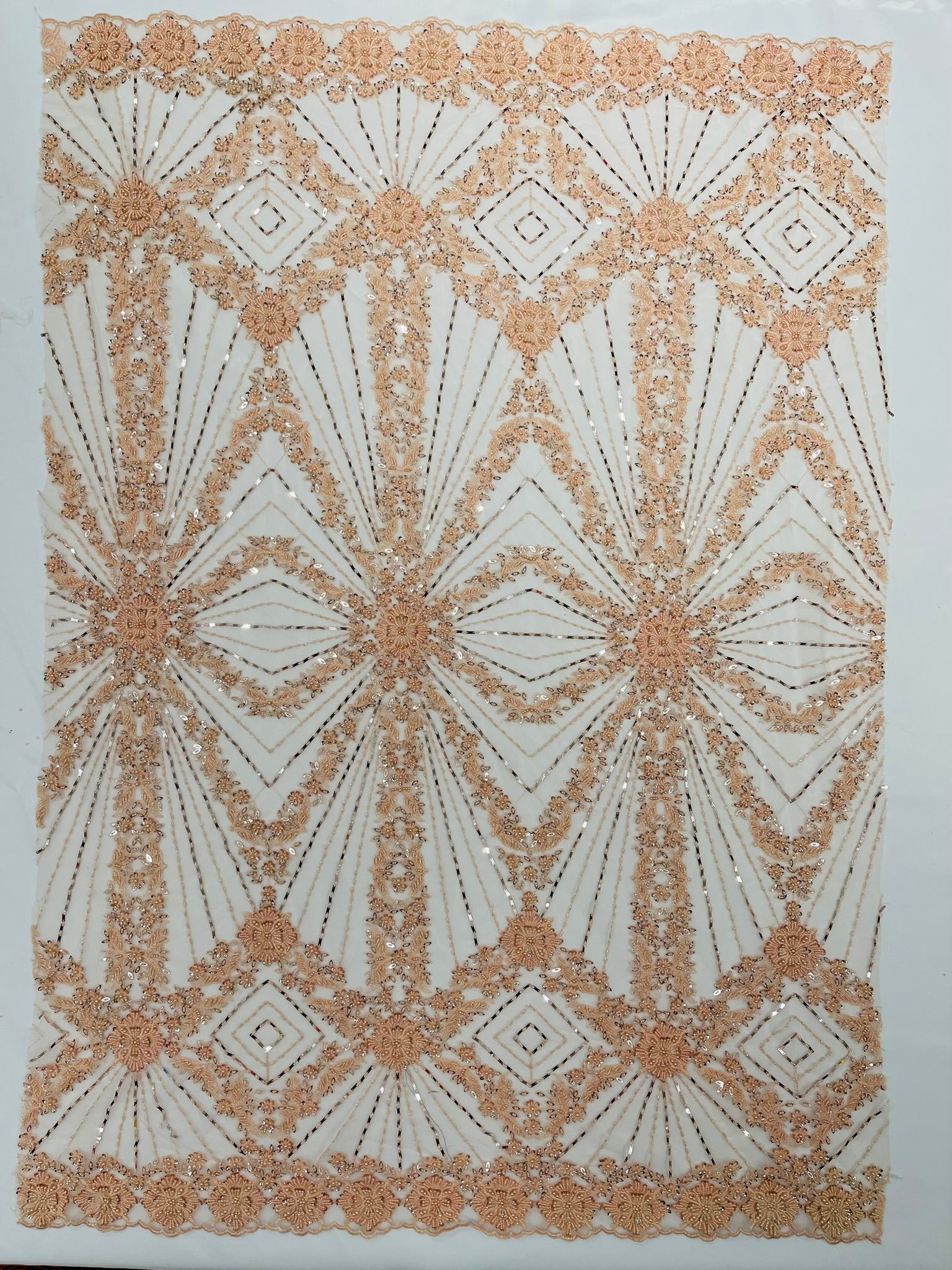 Luxury Bridal Fabric with Geometric Beading on a mesh 54” Wide| New Creations Fabric & Foam Inc. - New Creations Fabric & Foam Inc