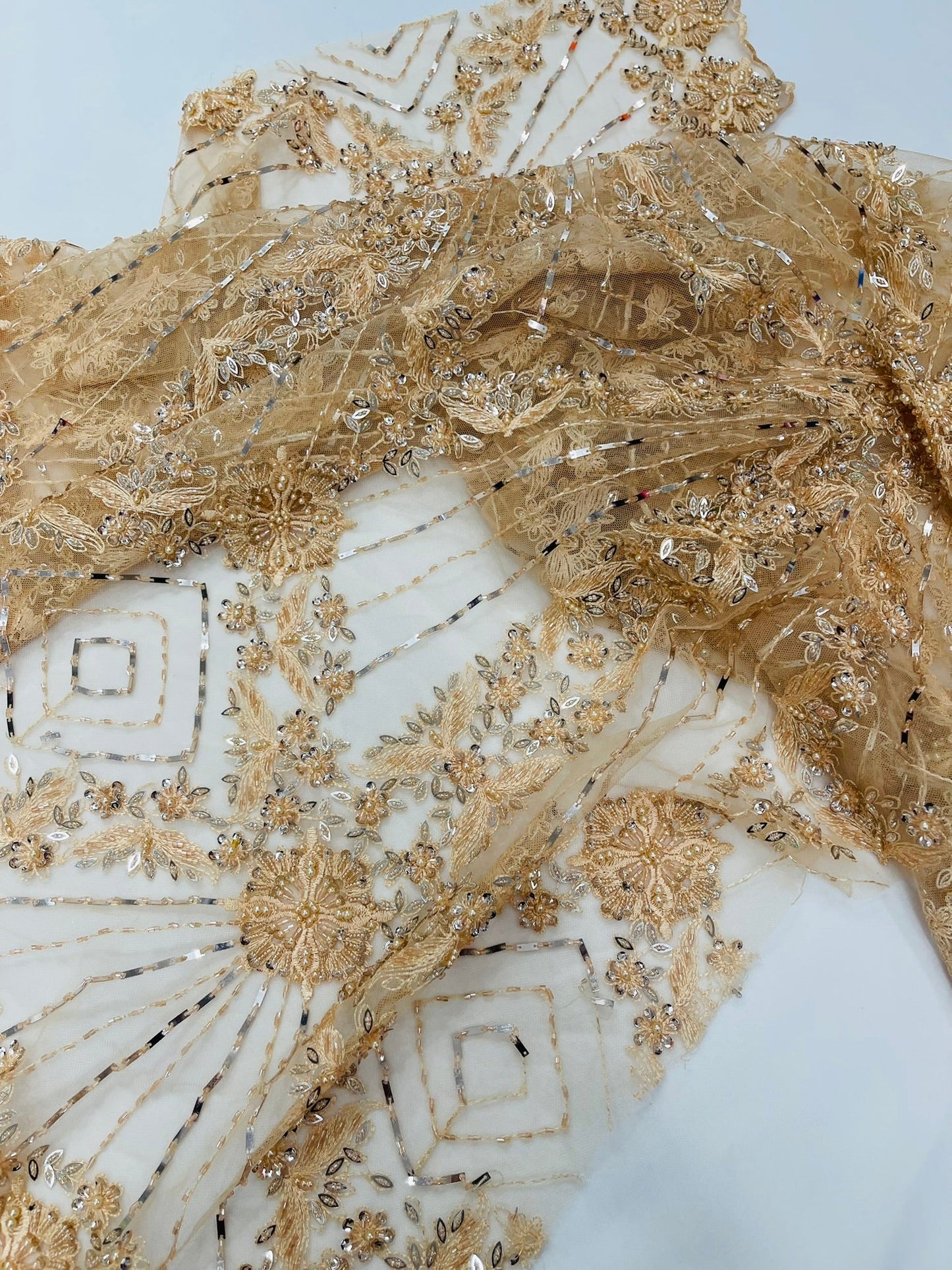 Luxury Bridal Fabric with Geometric Beading on a mesh 54” Wide| New Creations Fabric & Foam Inc. - New Creations Fabric & Foam Inc