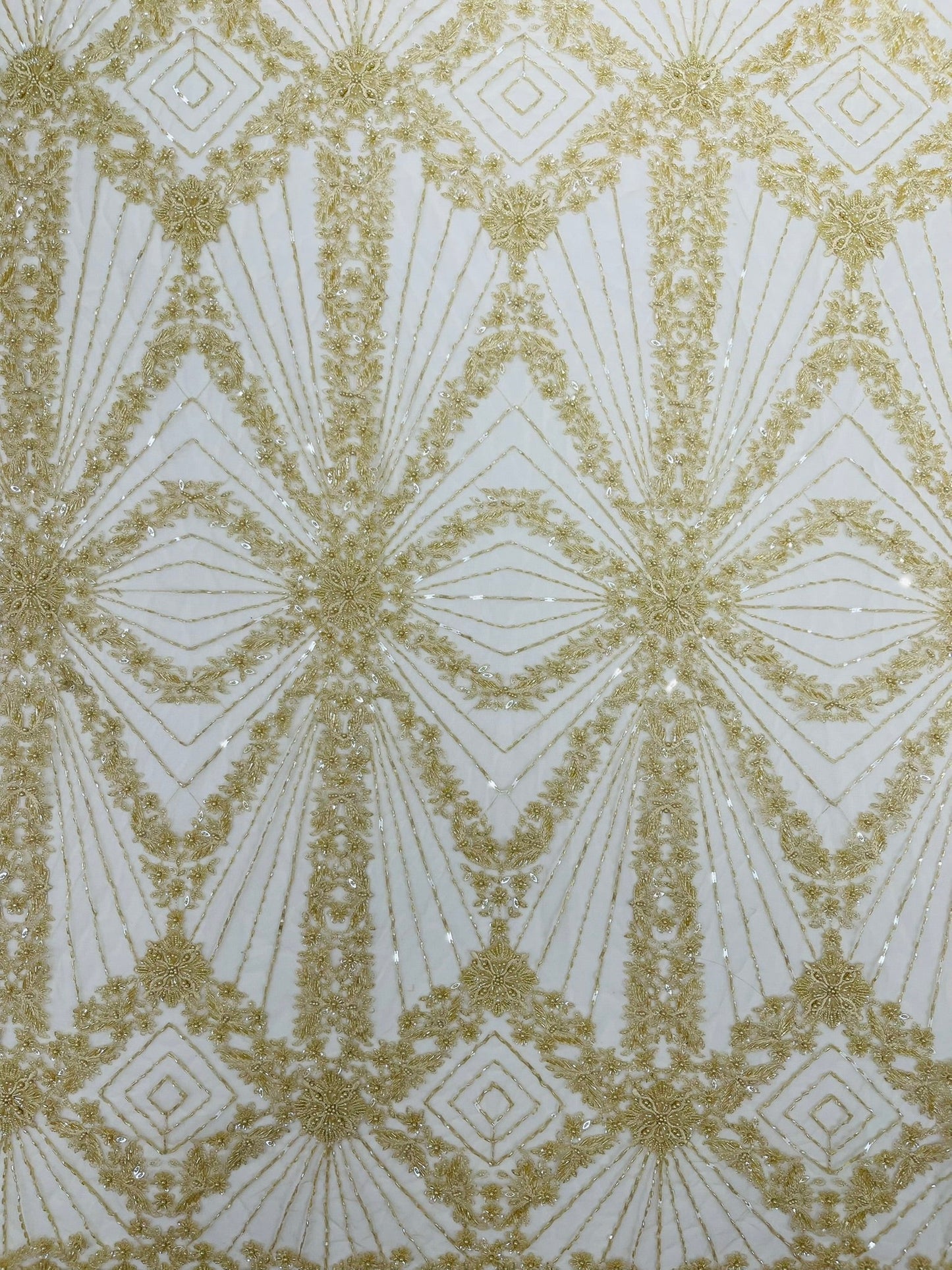 Luxury Bridal Fabric with Geometric Beading on a mesh 54” Wide| New Creations Fabric & Foam Inc. - New Creations Fabric & Foam Inc