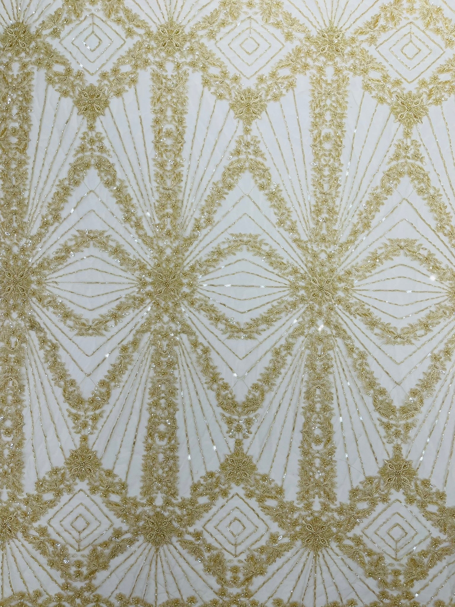 Luxury Bridal Fabric with Geometric Beading on a mesh 54” Wide| New Creations Fabric & Foam Inc. - New Creations Fabric & Foam Inc