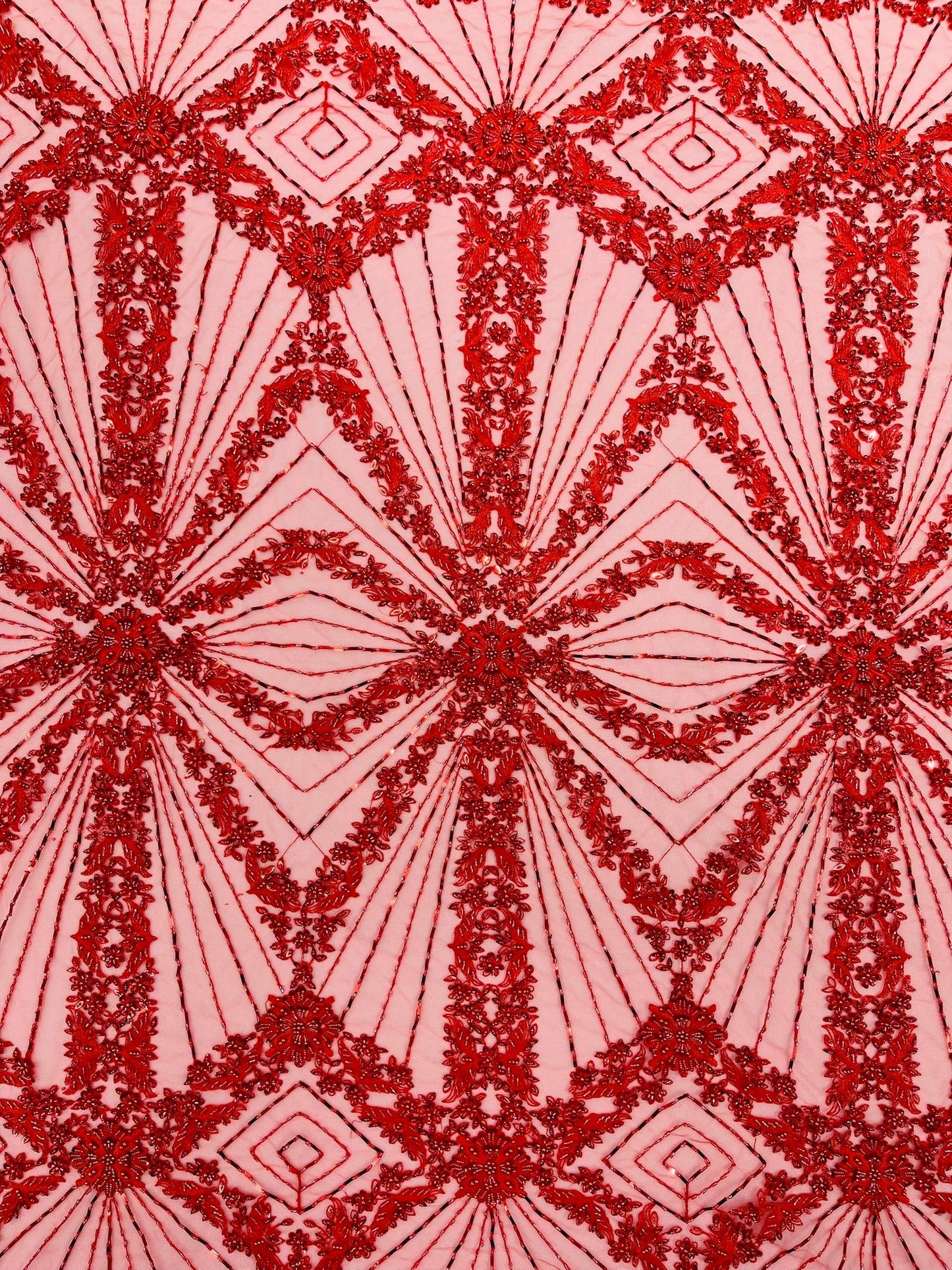 Luxury Bridal Fabric with Geometric Beading on a mesh 54” Wide| New Creations Fabric & Foam Inc. - New Creations Fabric & Foam Inc