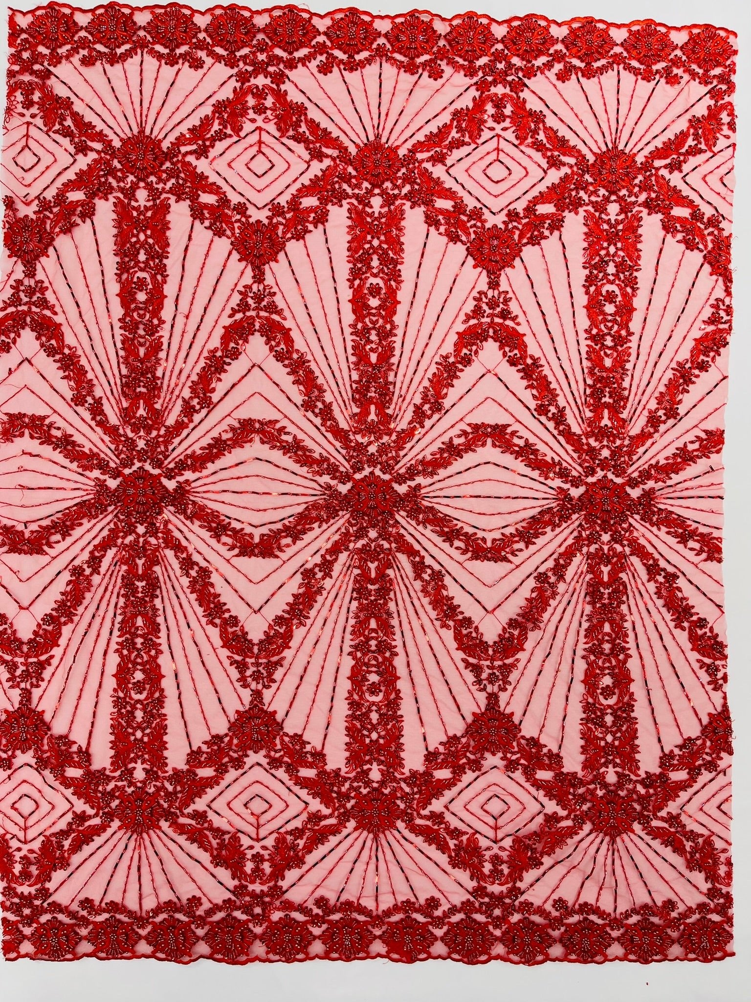 Luxury Bridal Fabric with Geometric Beading on a mesh 54” Wide| New Creations Fabric & Foam Inc. - New Creations Fabric & Foam Inc