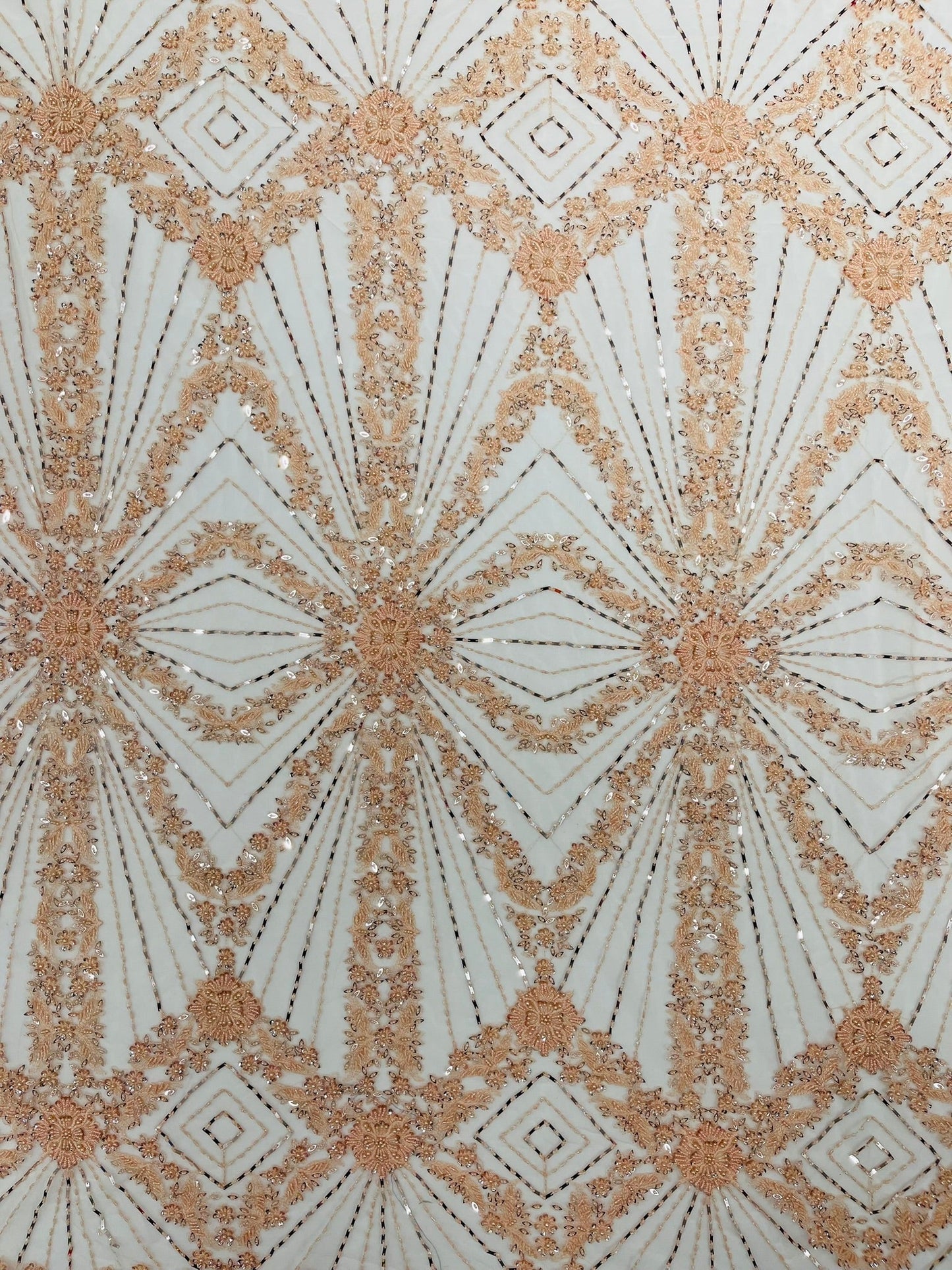 Luxury Bridal Fabric with Geometric Beading on a mesh 54” Wide| New Creations Fabric & Foam Inc. - New Creations Fabric & Foam Inc
