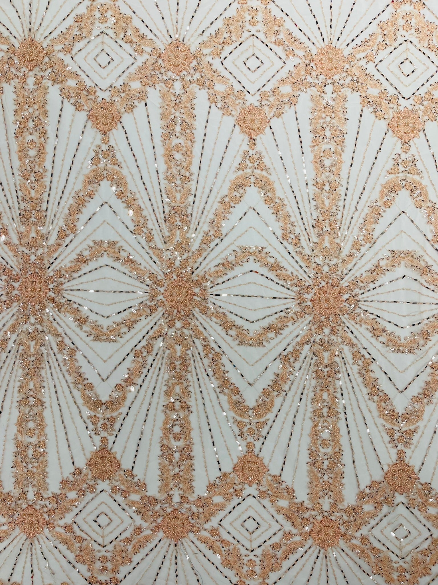 Luxury Bridal Fabric with Geometric Beading on a mesh 54” Wide| New Creations Fabric & Foam Inc. - New Creations Fabric & Foam Inc