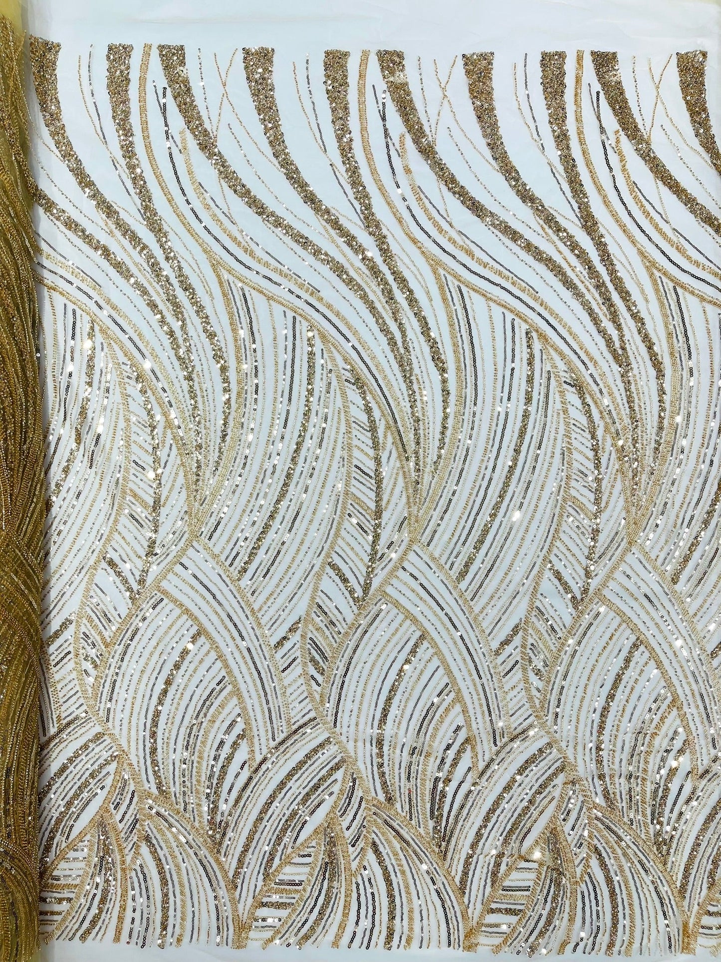 Luxury Feather Damask Beaded Lace Fabric| Prom| Wedding| By The Yard. - New Creations Fabric & Foam Inc