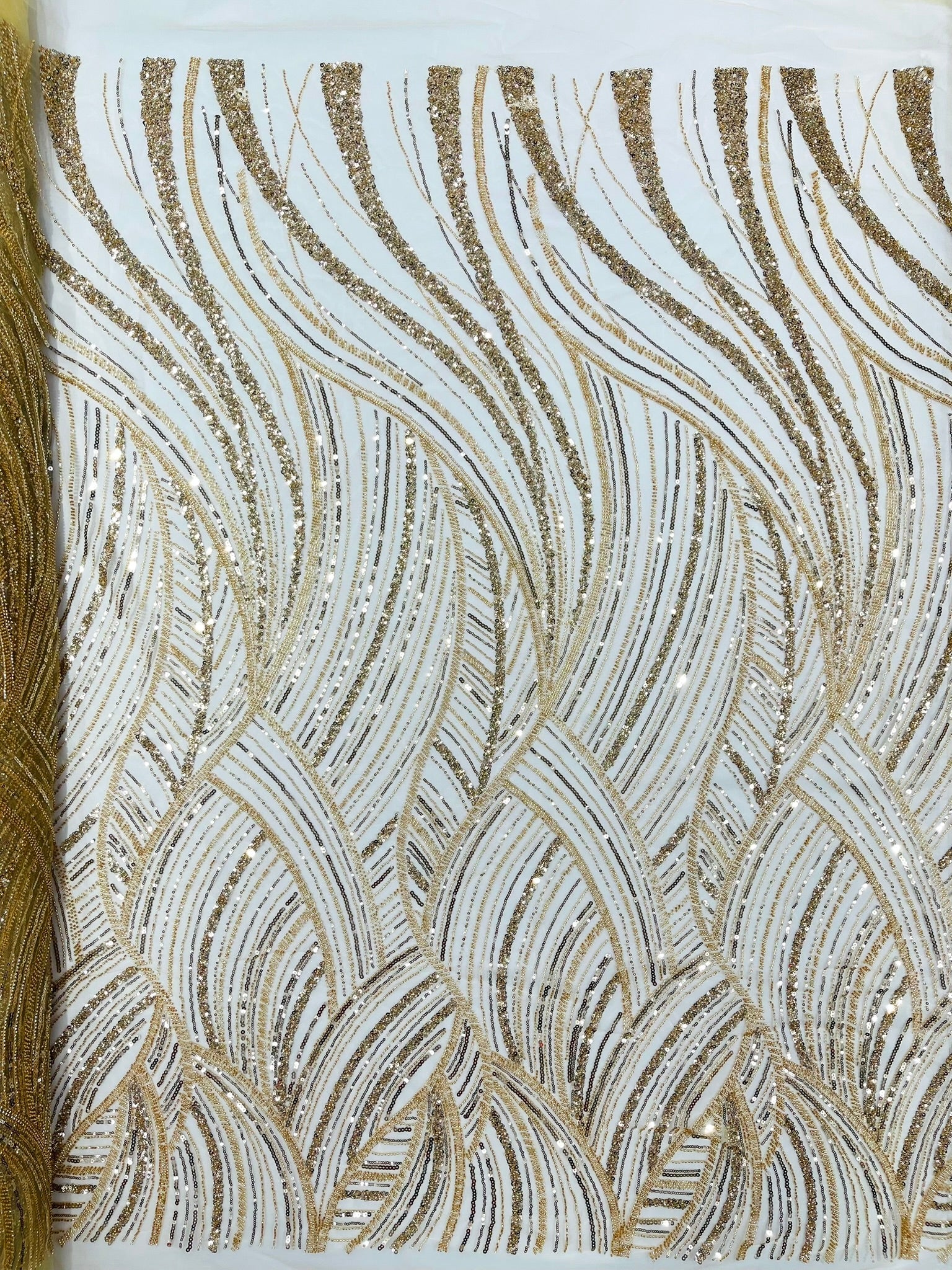 Luxury Feather Damask Beaded Lace Fabric| Prom| Wedding| By The Yard. - New Creations Fabric & Foam Inc
