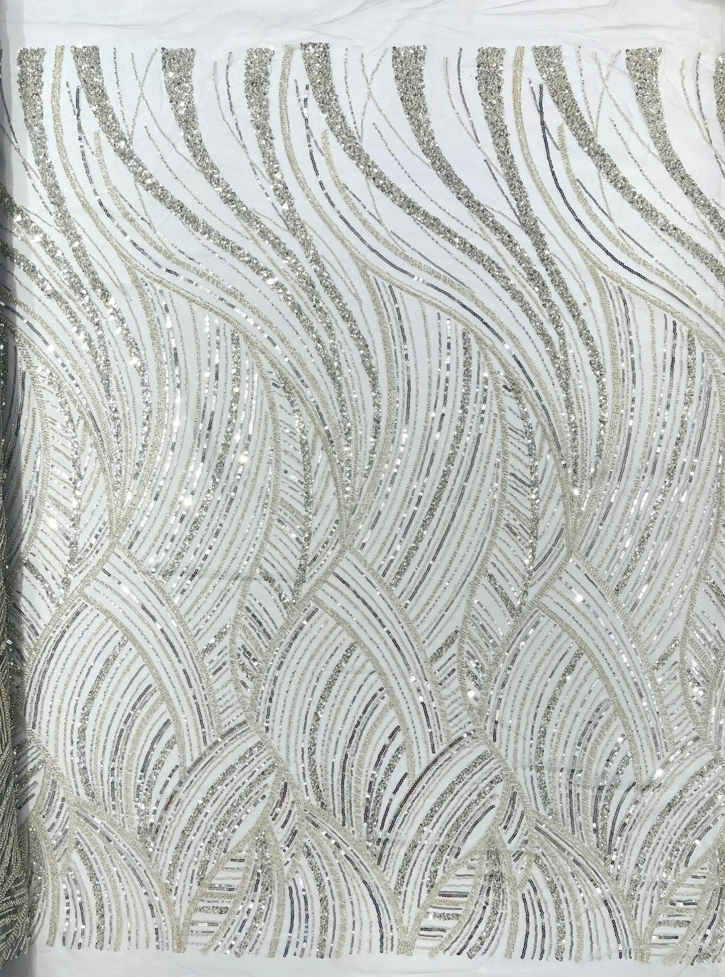Luxury Feather Damask Beaded Lace Fabric| Prom| Wedding| By The Yard. - New Creations Fabric & Foam Inc