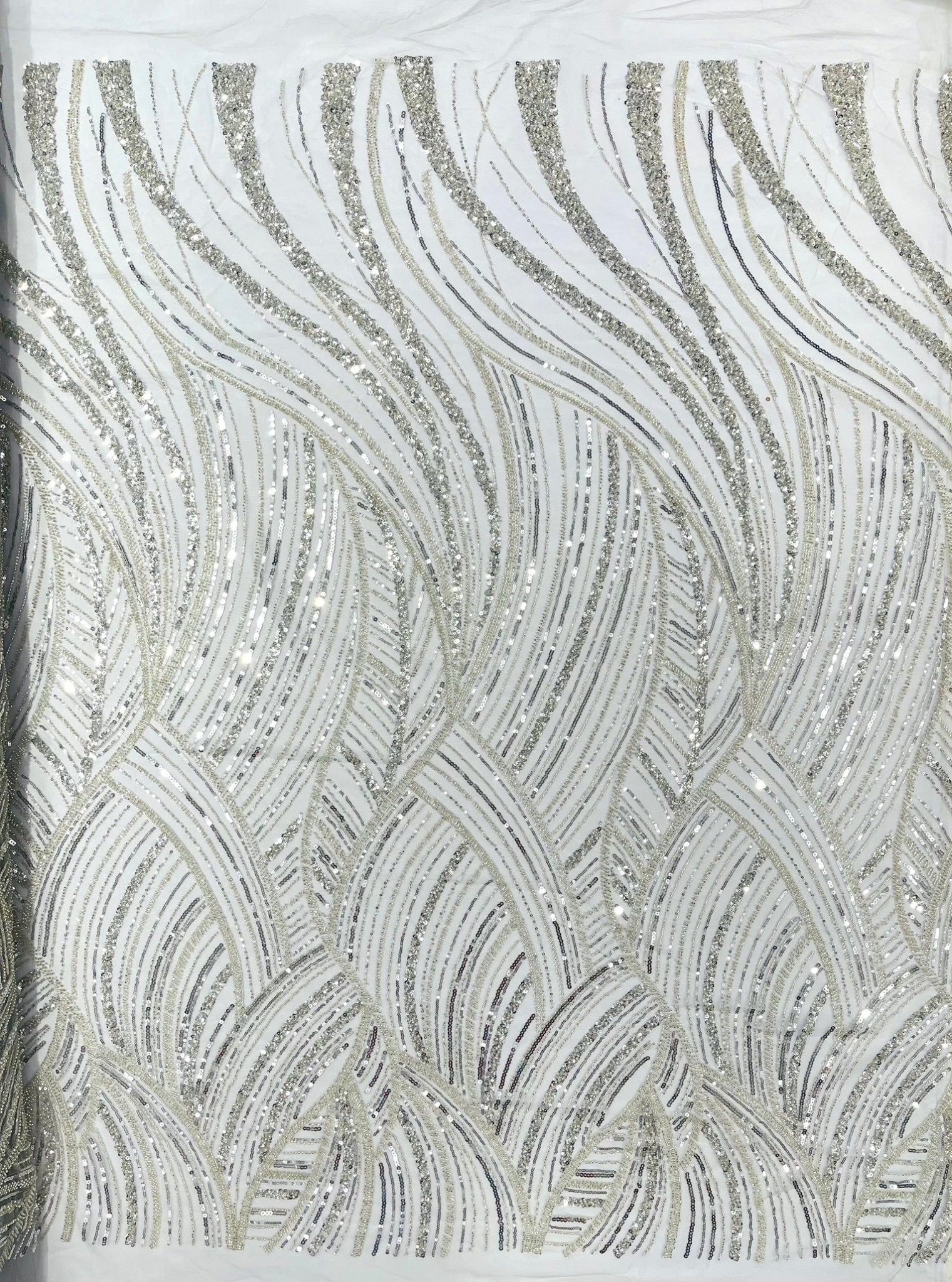 Luxury Feather Damask Beaded Lace Fabric| Prom| Wedding| By The Yard. - New Creations Fabric & Foam Inc