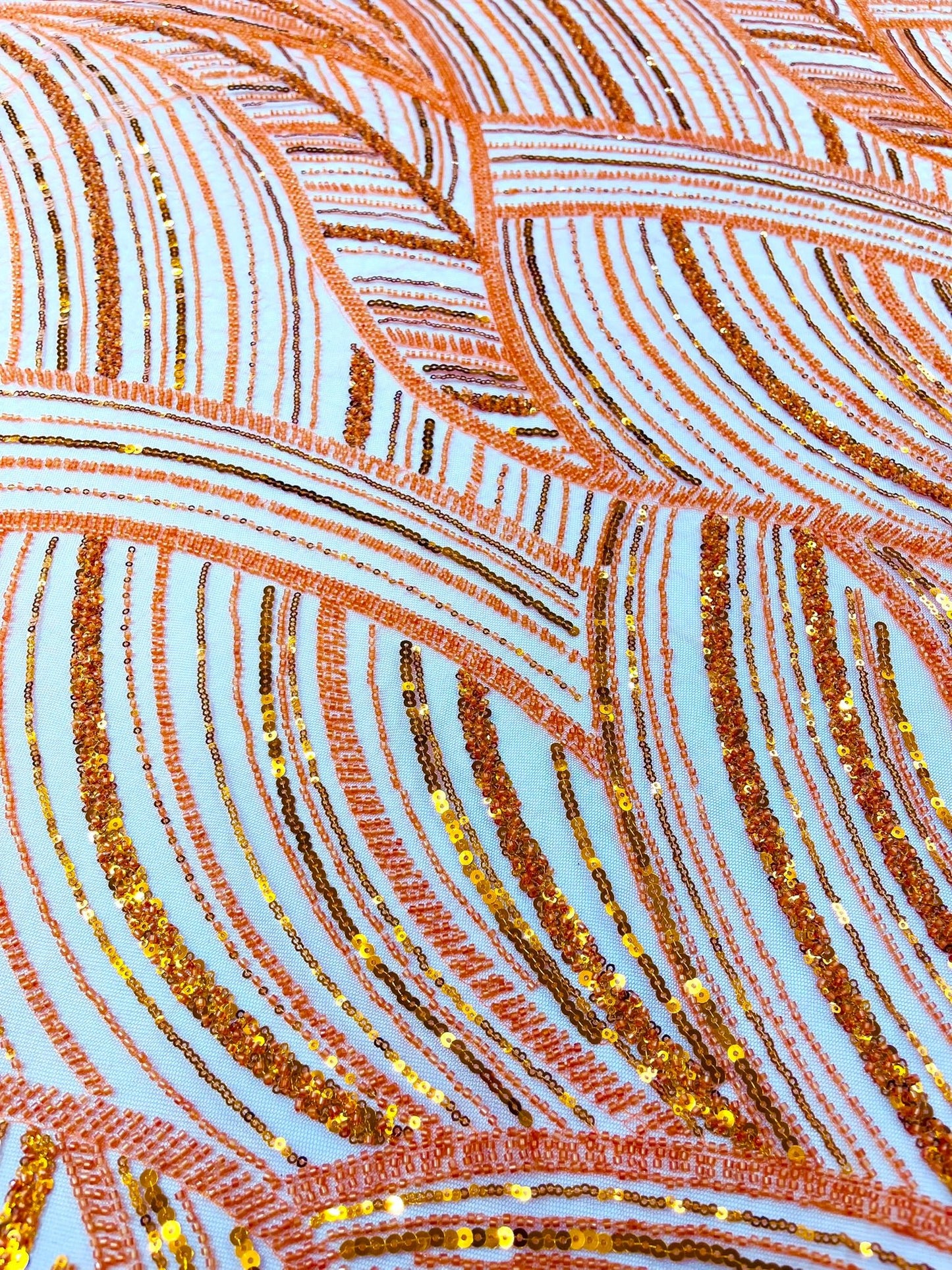 Luxury Feather Damask Beaded Lace Fabric| Prom| Wedding| By The Yard. - New Creations Fabric & Foam Inc