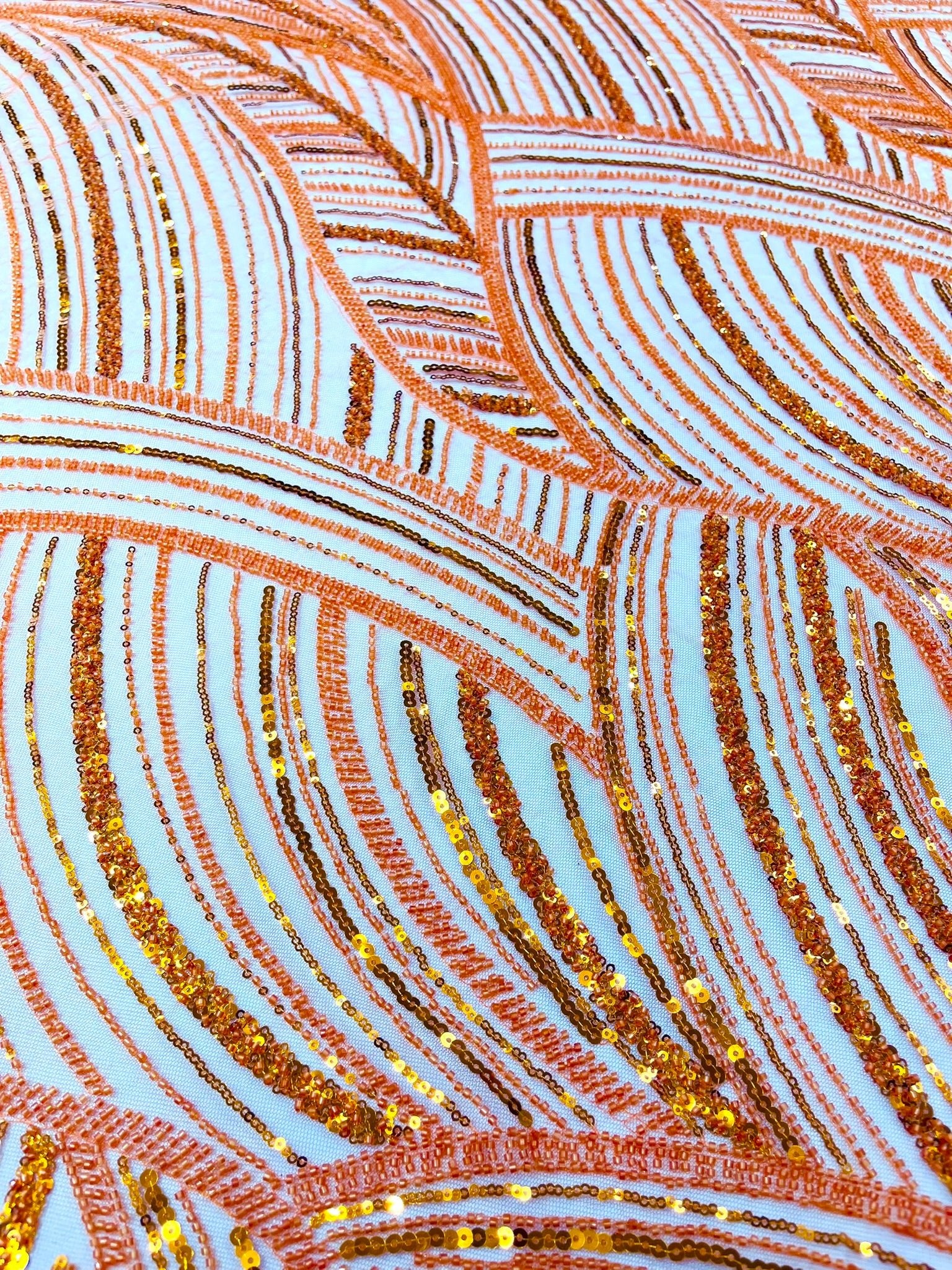 Luxury Feather Damask Beaded Lace Fabric| Prom| Wedding| By The Yard. - New Creations Fabric & Foam Inc