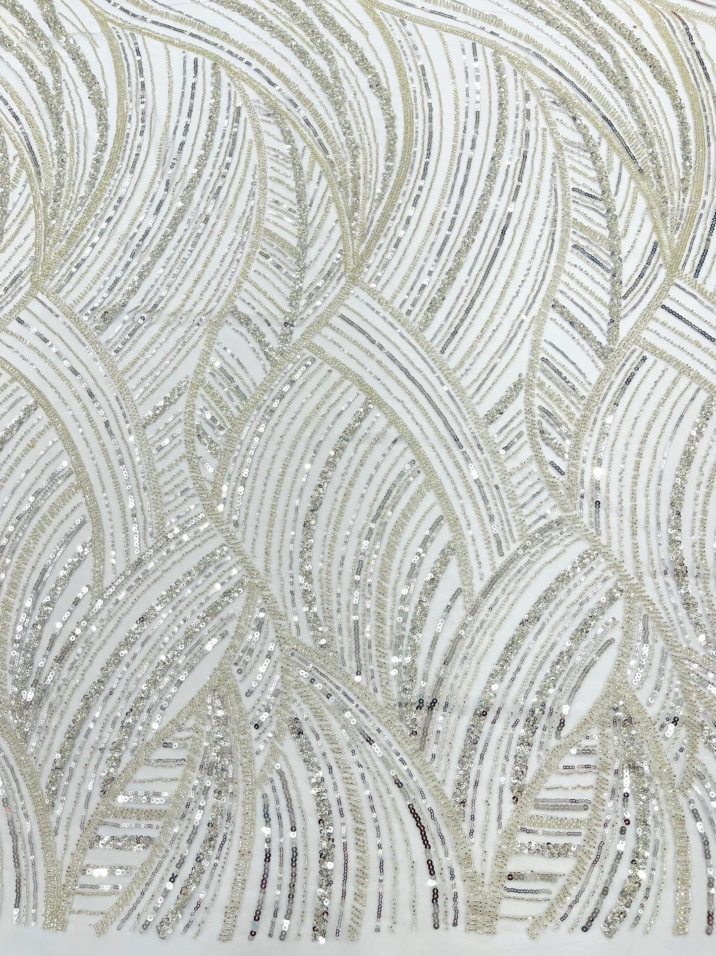 Luxury Feather Damask Beaded Lace Fabric| Prom| Wedding| By The Yard. - New Creations Fabric & Foam Inc