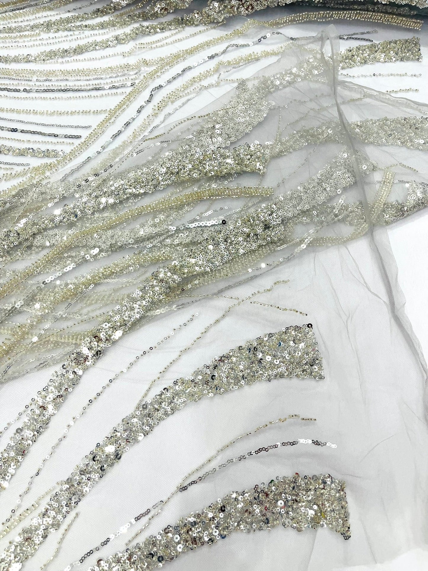 Luxury Feather Damask Beaded Lace Fabric| Prom| Wedding| By The Yard. - New Creations Fabric & Foam Inc
