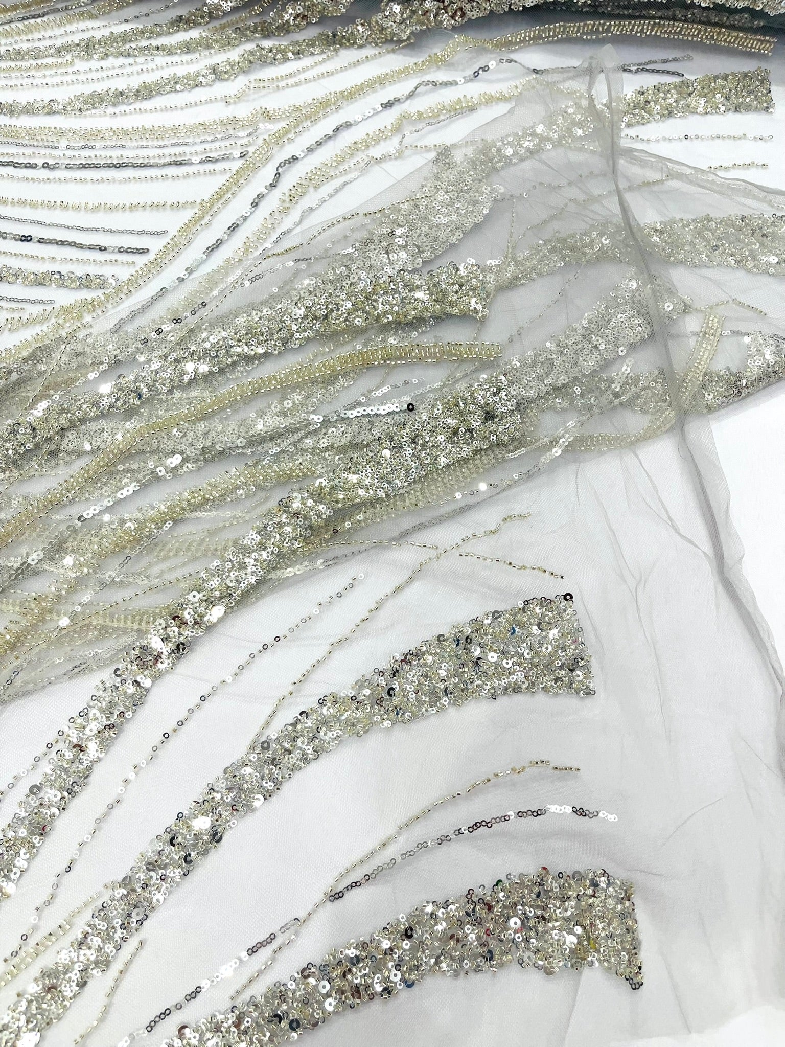 Luxury Feather Damask Beaded Lace Fabric| Prom| Wedding| By The Yard. - New Creations Fabric & Foam Inc