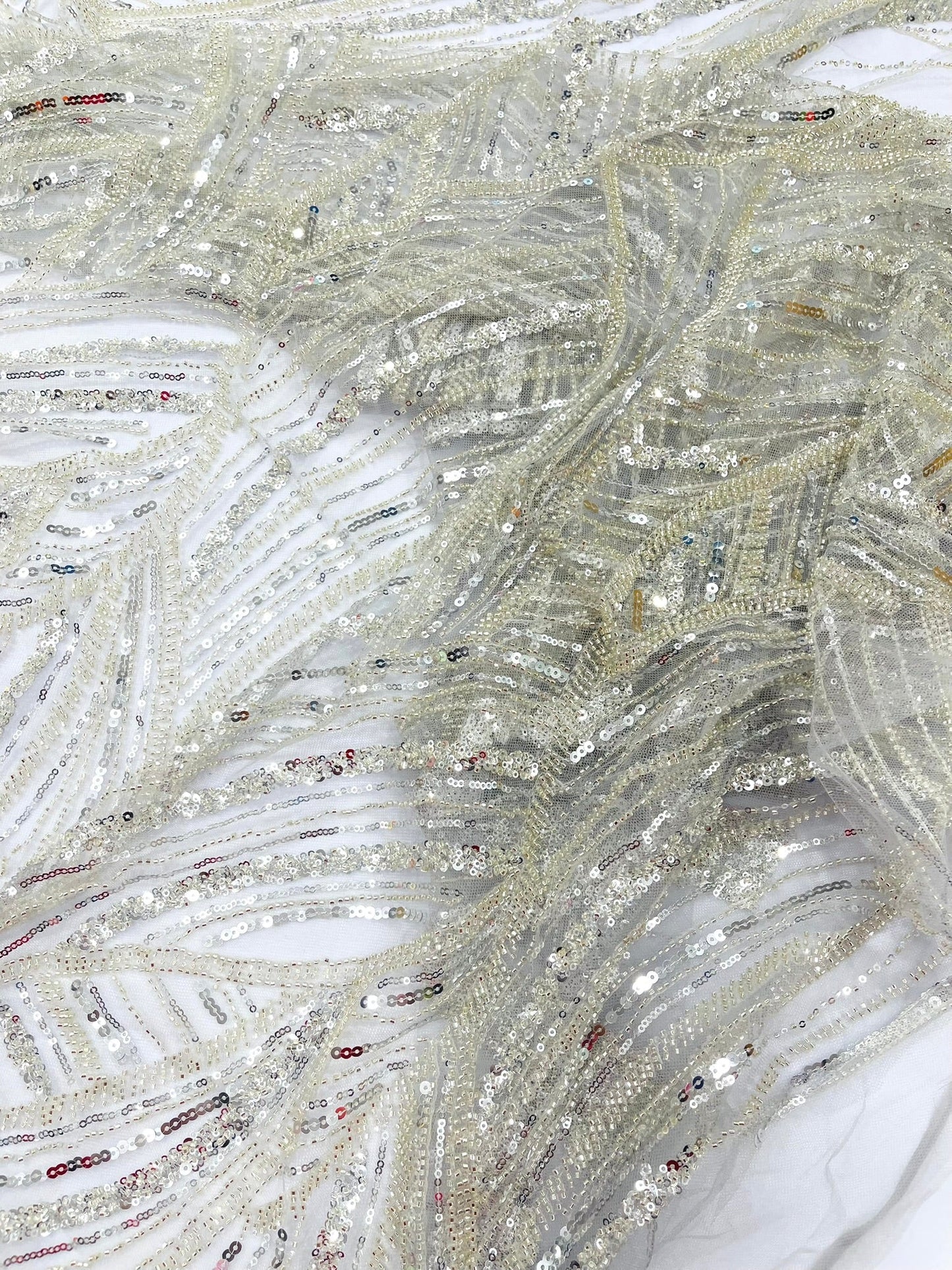 Luxury Feather Damask Beaded Lace Fabric| Prom| Wedding| By The Yard. - New Creations Fabric & Foam Inc