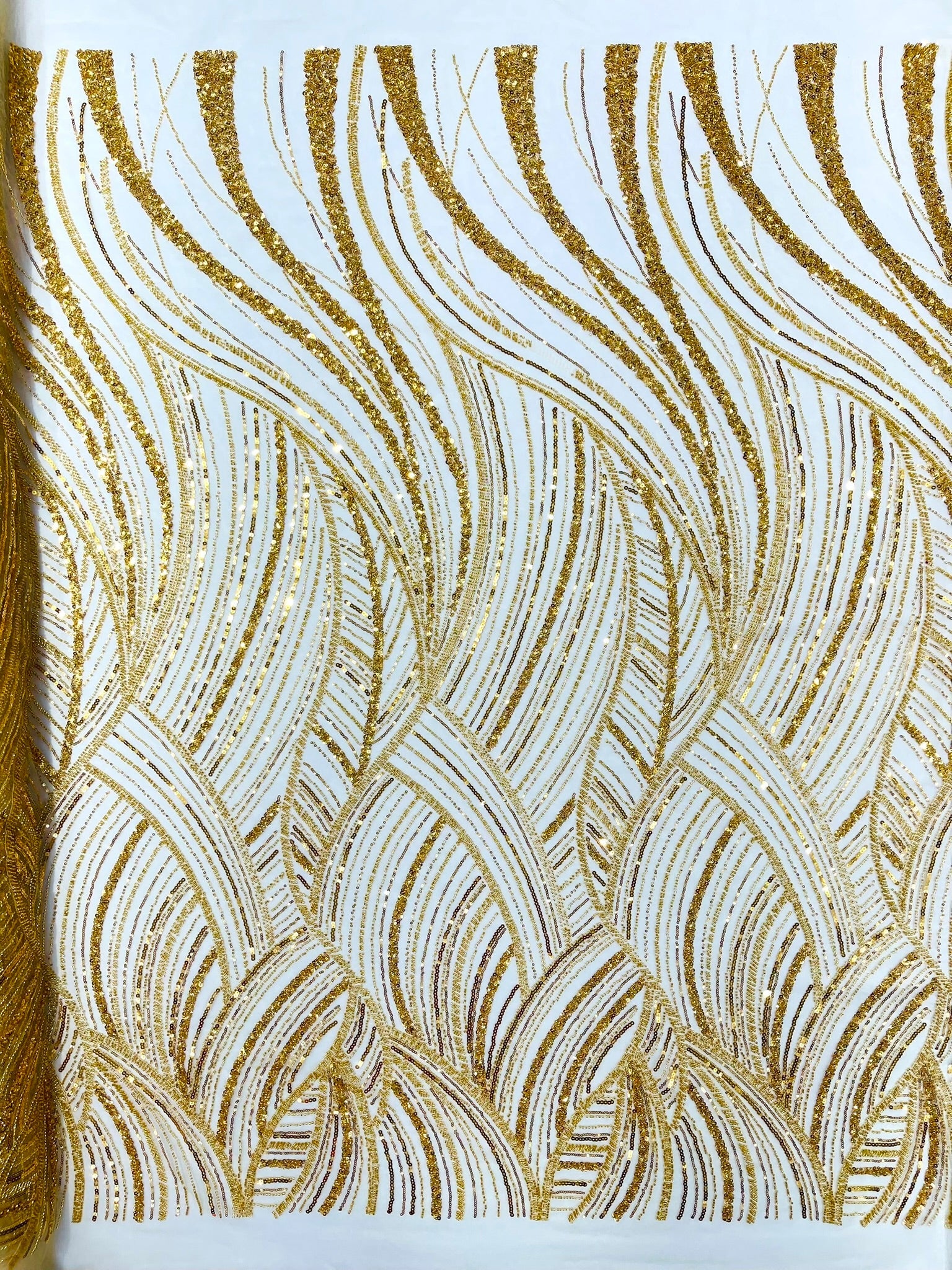 Luxury Feather Damask Beaded Lace Fabric| Prom| Wedding| By The Yard. - New Creations Fabric & Foam Inc